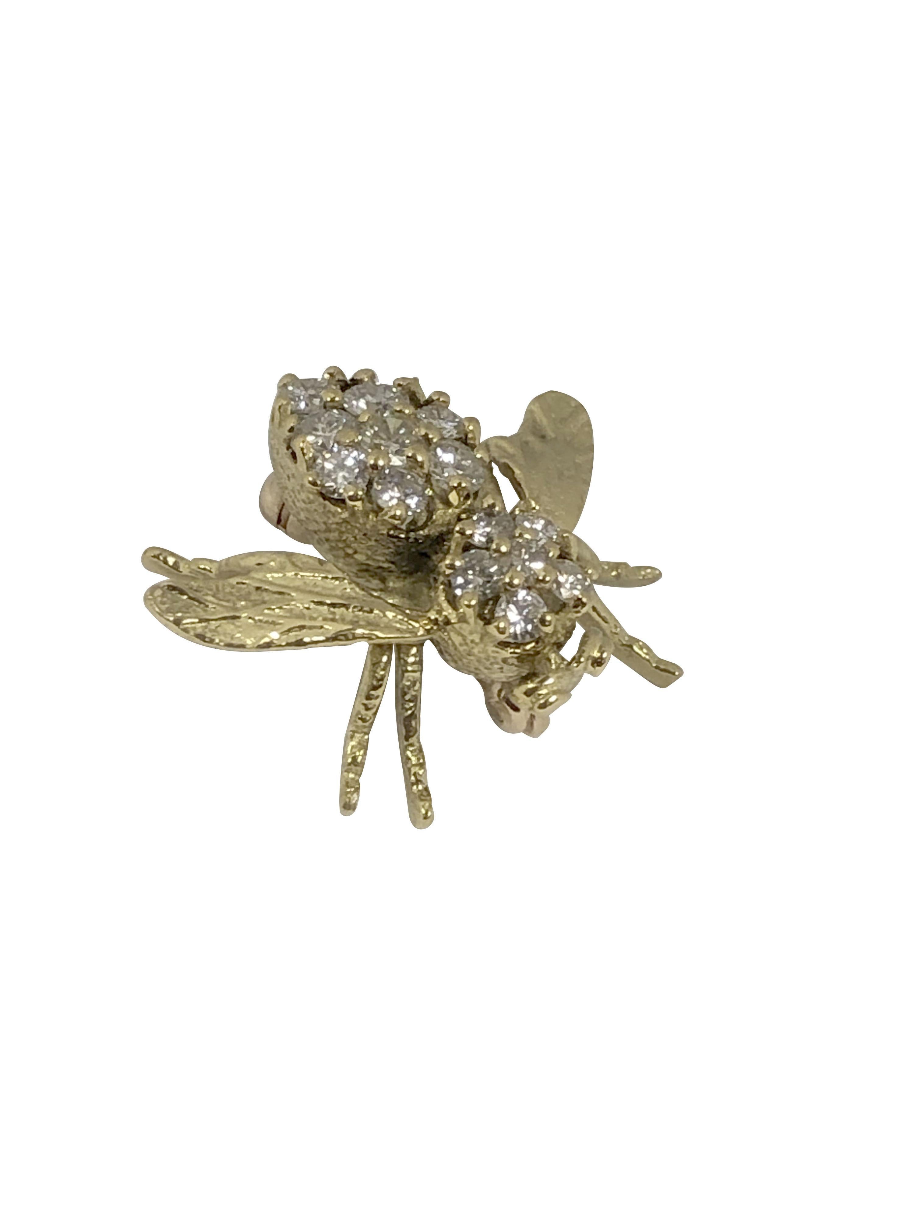 Circa 1970s Iconic 18k Bee Brooch By Herbert Rosenthal, measuring 7/8 inch from Wing tip to Wing tip and 3/4 inch in length. Set with Numerous Fine White Round Brilliant cut Diamonds totaling .75 Carat. 