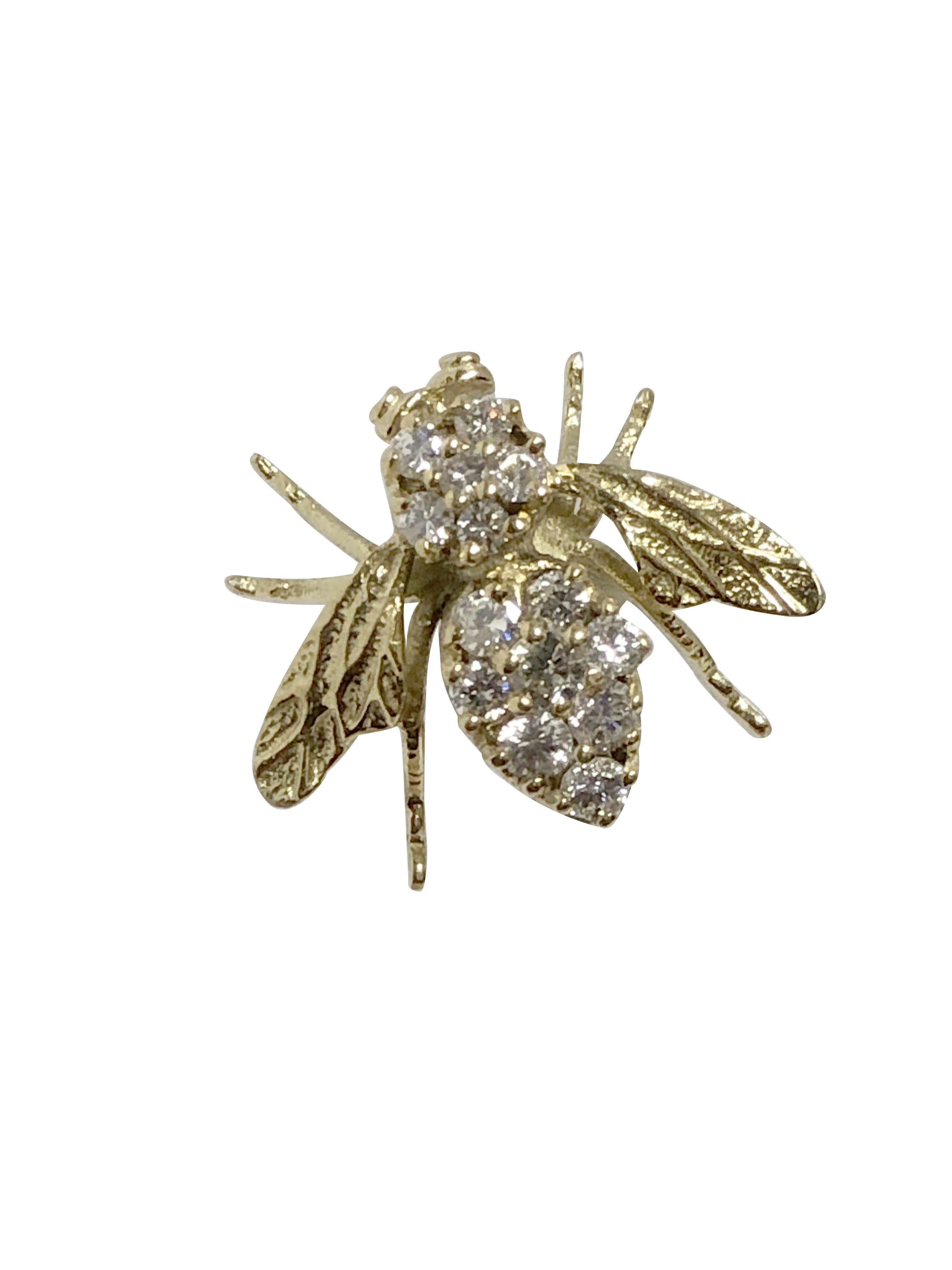 Round Cut Herbert Rosenthal 18k Yellow Gold and Diamond Bee Brooch For Sale