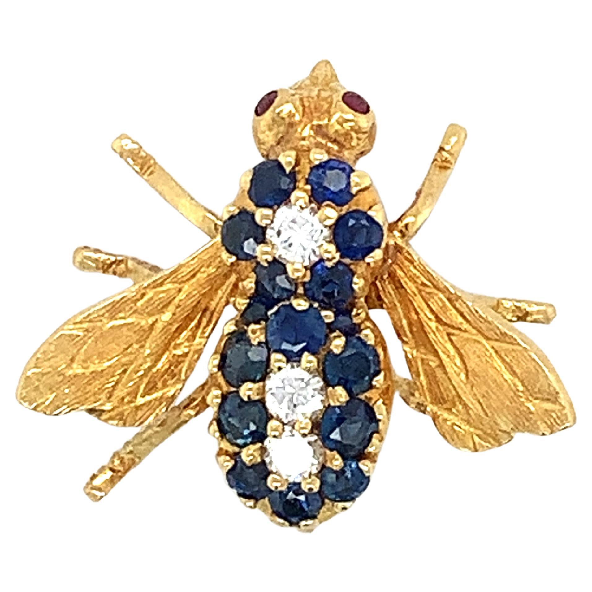 Herbert Rosenthal Broche abeille en or jaune 18 carats avec diamants blancs ronds et saphirs bleus