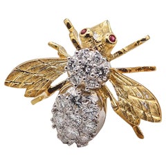 Vintage Herbert Rosenthal 1960 Bee Brooch in 18kt Yellow Gold 2.34 Ctw Diamonds & Rubies