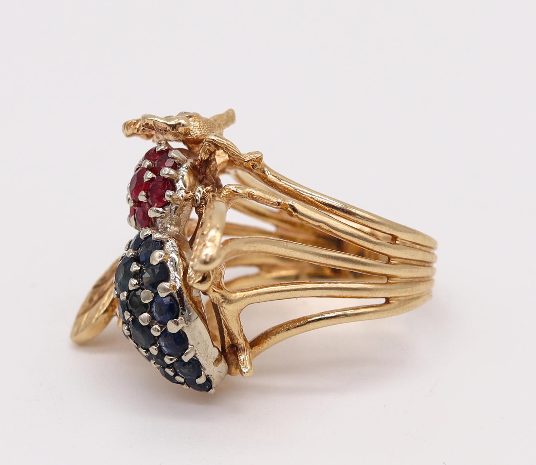 Retro Herbert Rosenthal 1960 Jeweled Bee Ring 14Kt Yellow Gold with 2.83 Cts in Gems