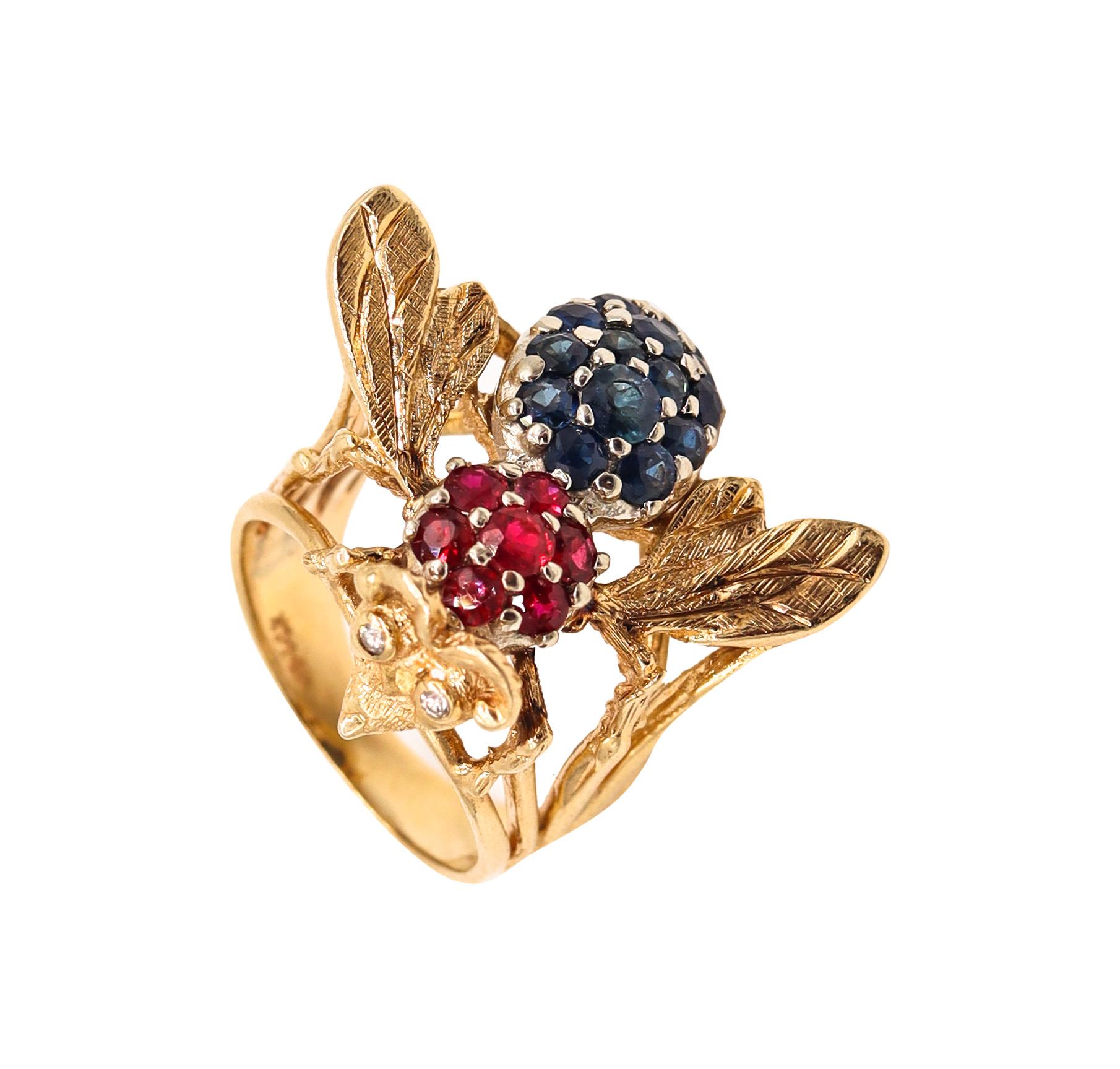 Herbert Rosenthal 1960 Jeweled Bee Ring 14Kt Yellow Gold with 2.83 Cts in Gems In Excellent Condition In Miami, FL