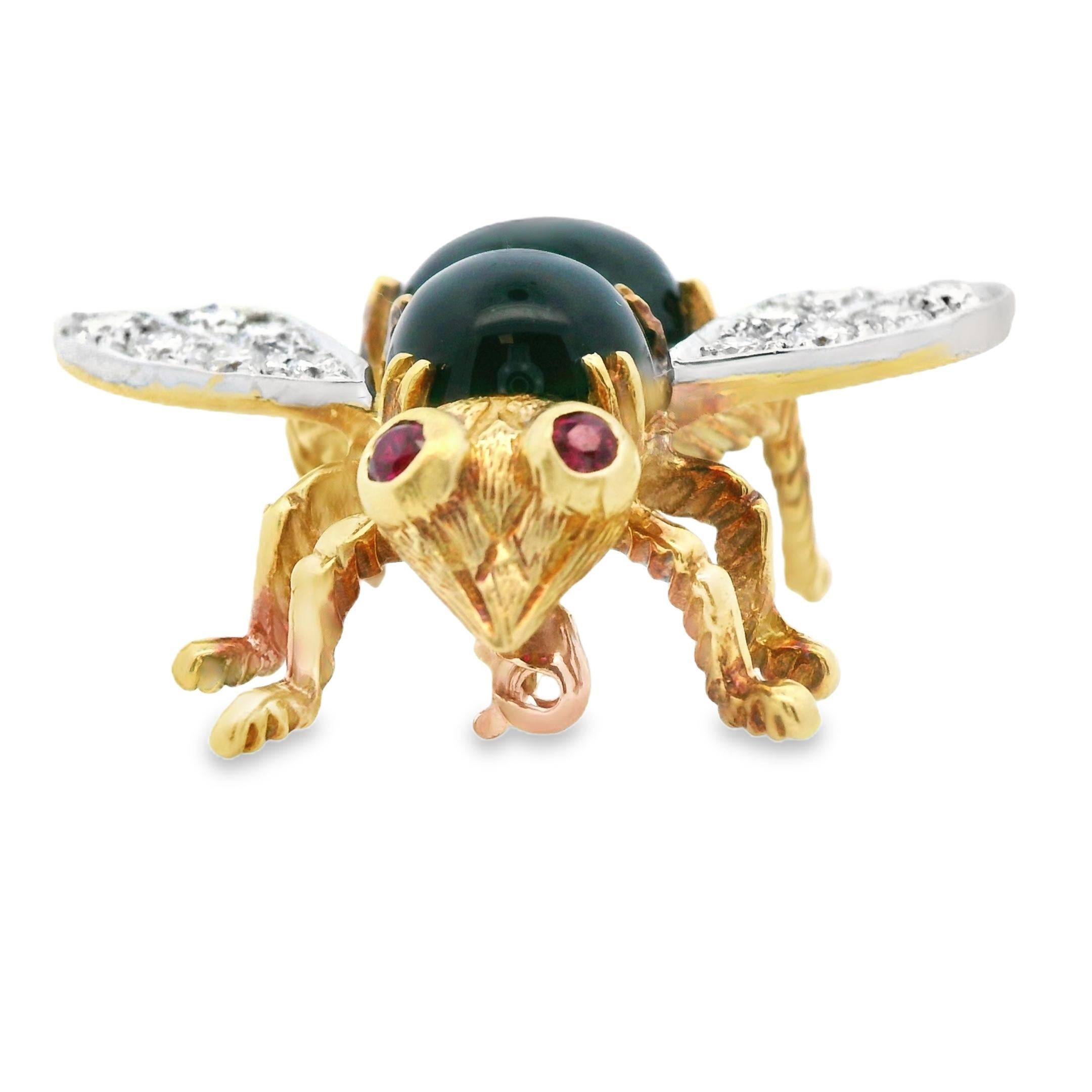 Herbert Rosenthal 1Kt Diamant 18k Weiß + Gelb Zweifarbig Onyx und Rubin Biene Pin (Rundschliff)
