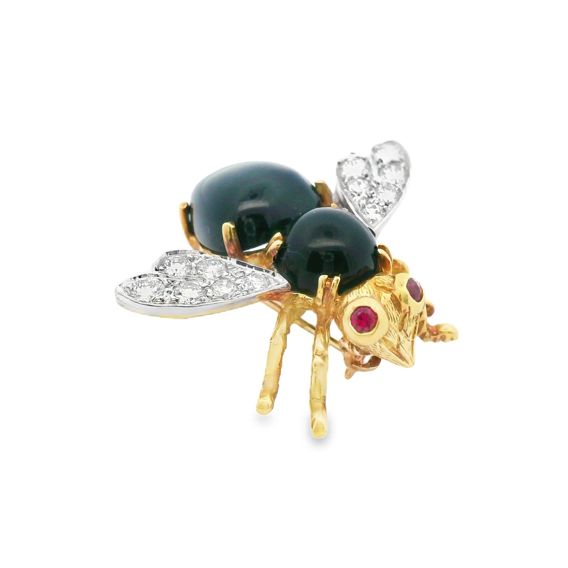 Herbert Rosenthal 1Kt Diamant 18k Weiß + Gelb Zweifarbig Onyx und Rubin Biene Pin im Zustand „Gut“ in Lexington, KY