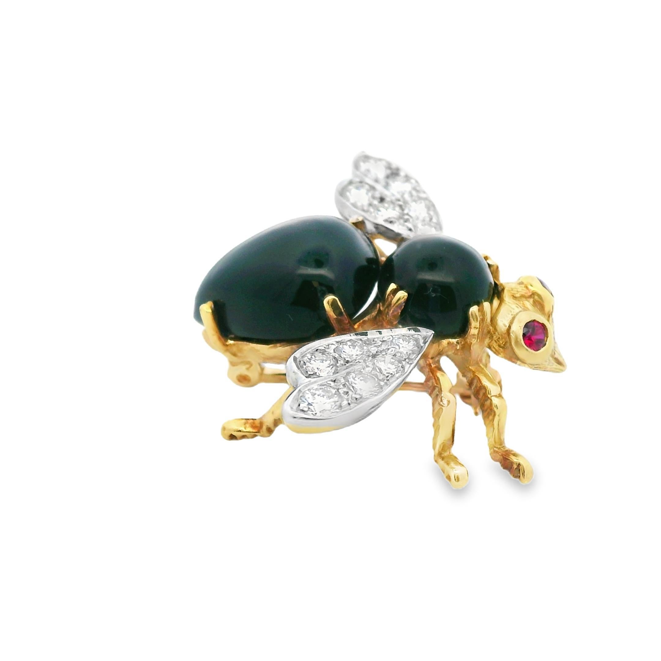 Herbert Rosenthal 1Kt Diamant 18k Weiß + Gelb Zweifarbig Onyx und Rubin Biene Pin 1