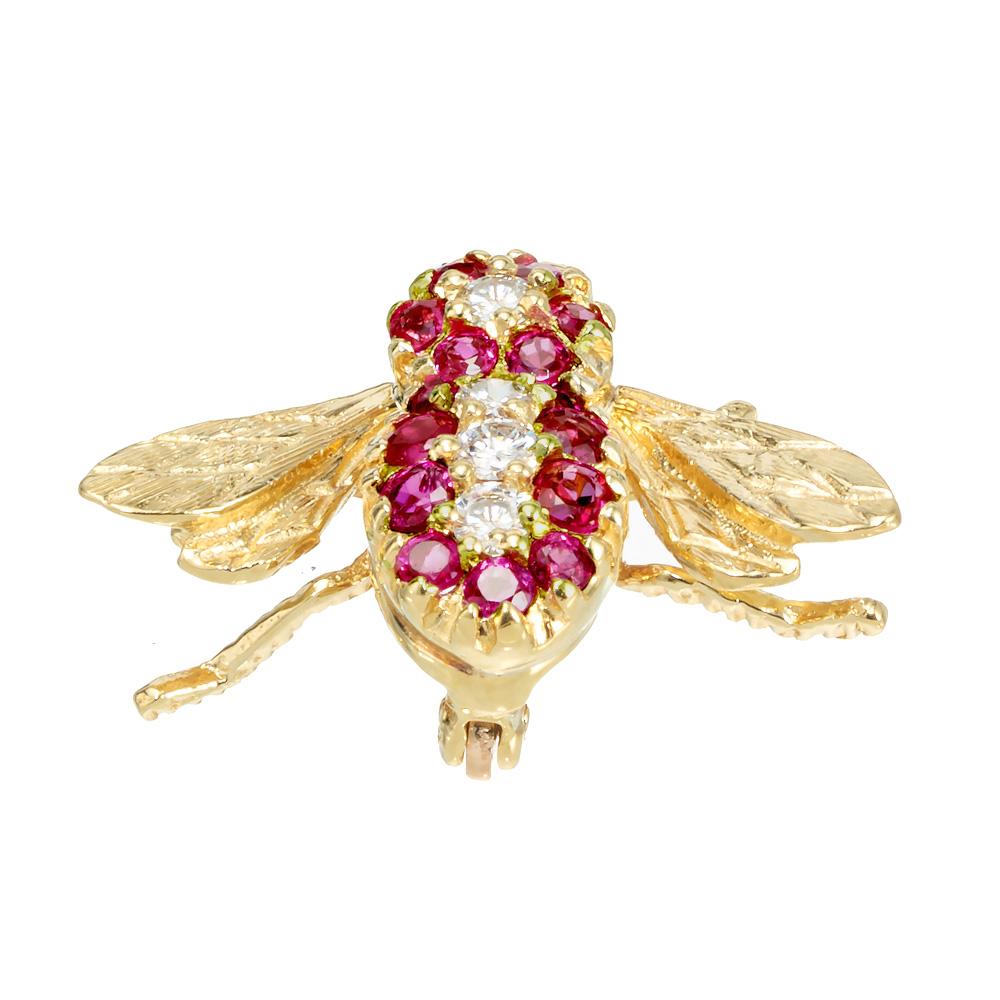 Round Cut Herbert Rosenthal .40 Carat Ruby Diamond Yellow Gold Brooch For Sale