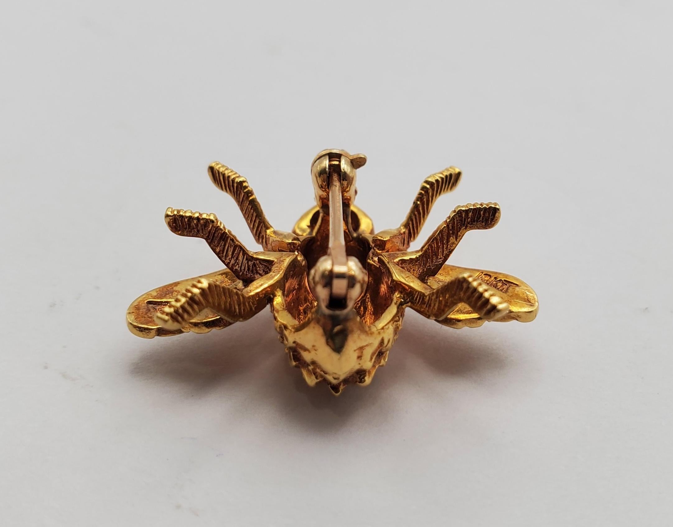 Round Cut Herbert Rosenthal Bee Brooch Natural Ruby 18K Yellow Gold