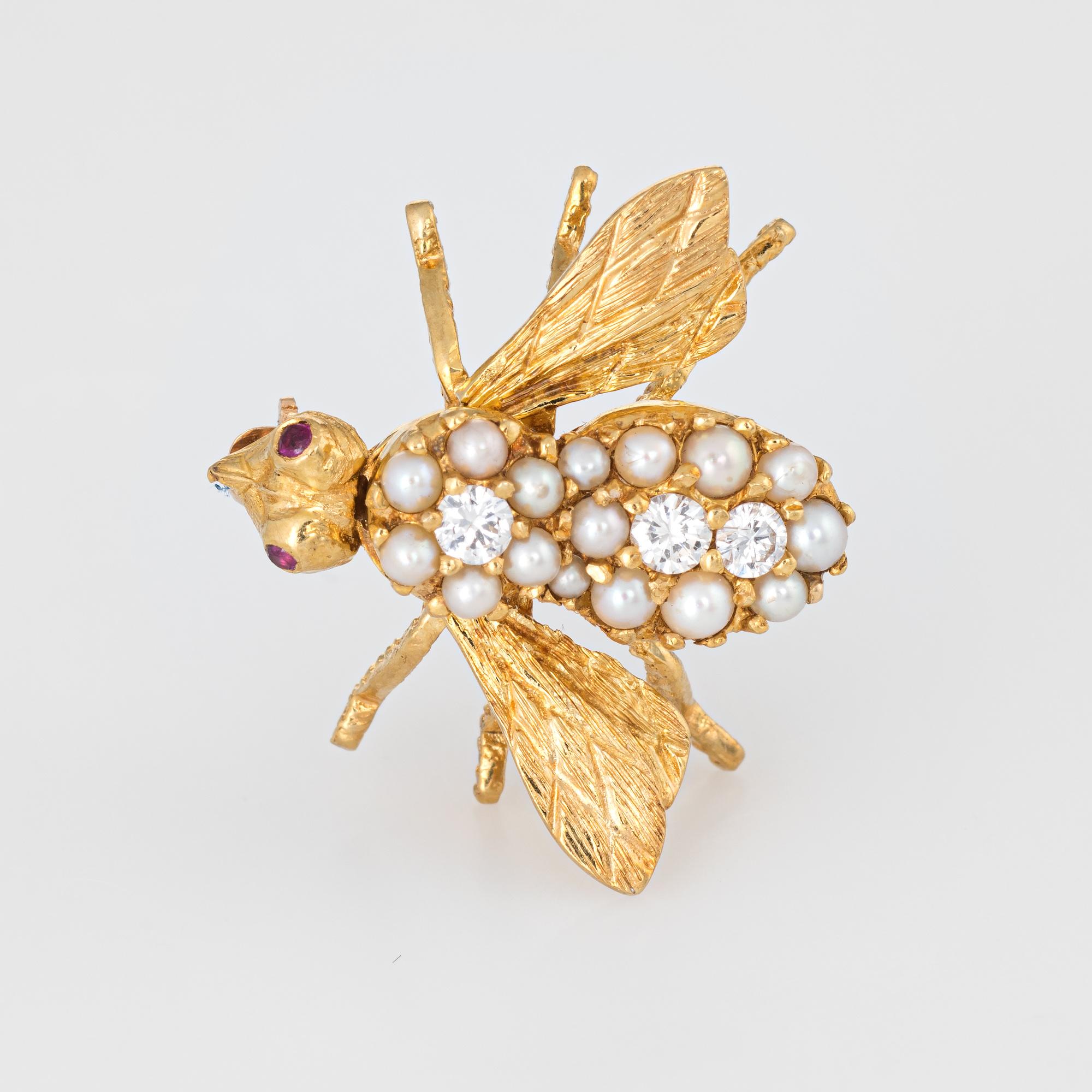 Finely detailed vintage Herbert Rosenthal diamond & pearl bee brooch (circa 1970s) crafted in 18 karat yellow gold. 

Round brilliant cut diamonds are estimated at 0.05 carats each. The total diamond weight is estimated at 0.15 carats (estimated at
