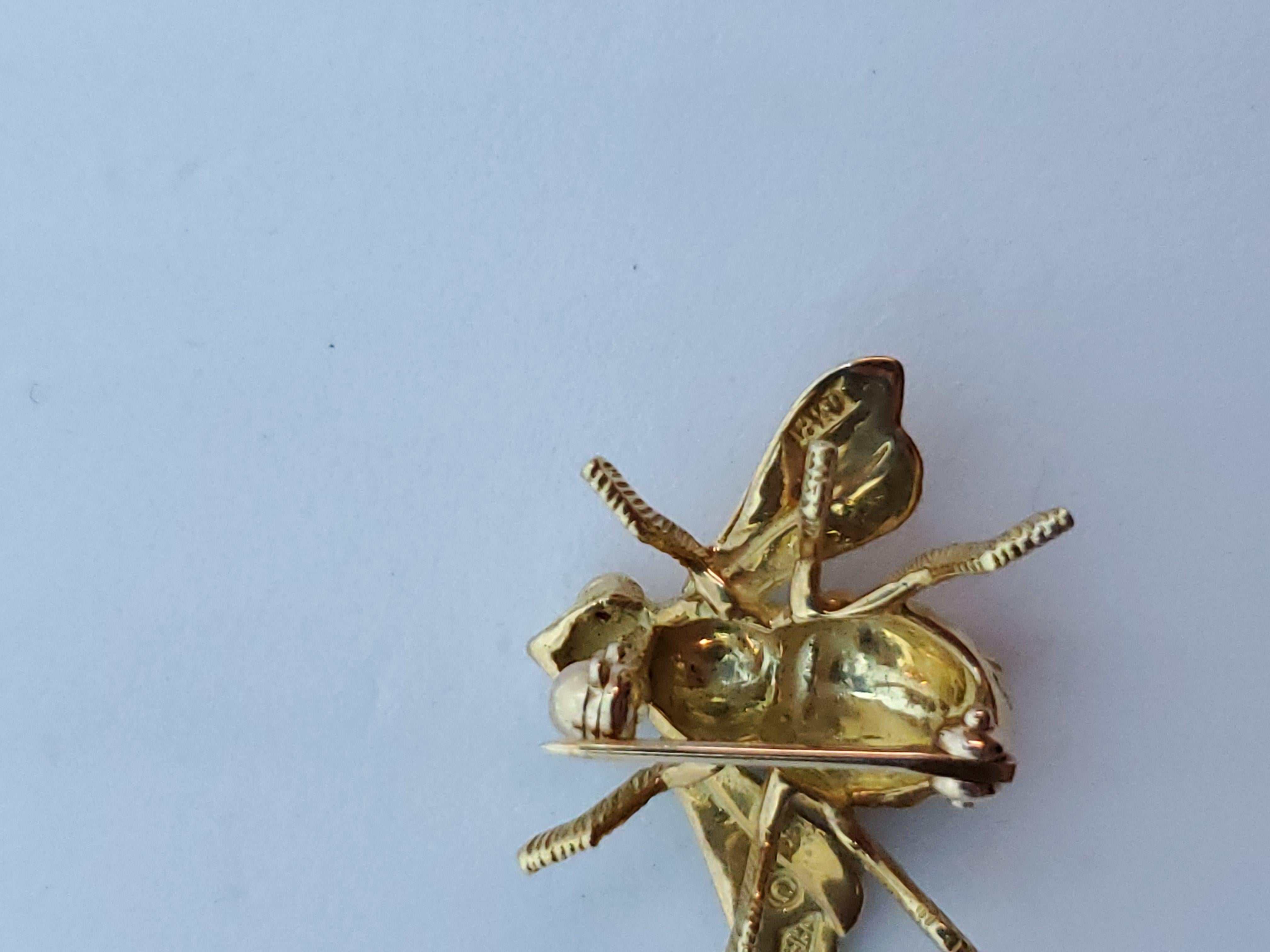 Modern Herbert Rosenthal Bee Pin, 18 Karat Yellow Gold with Ruby Eyes