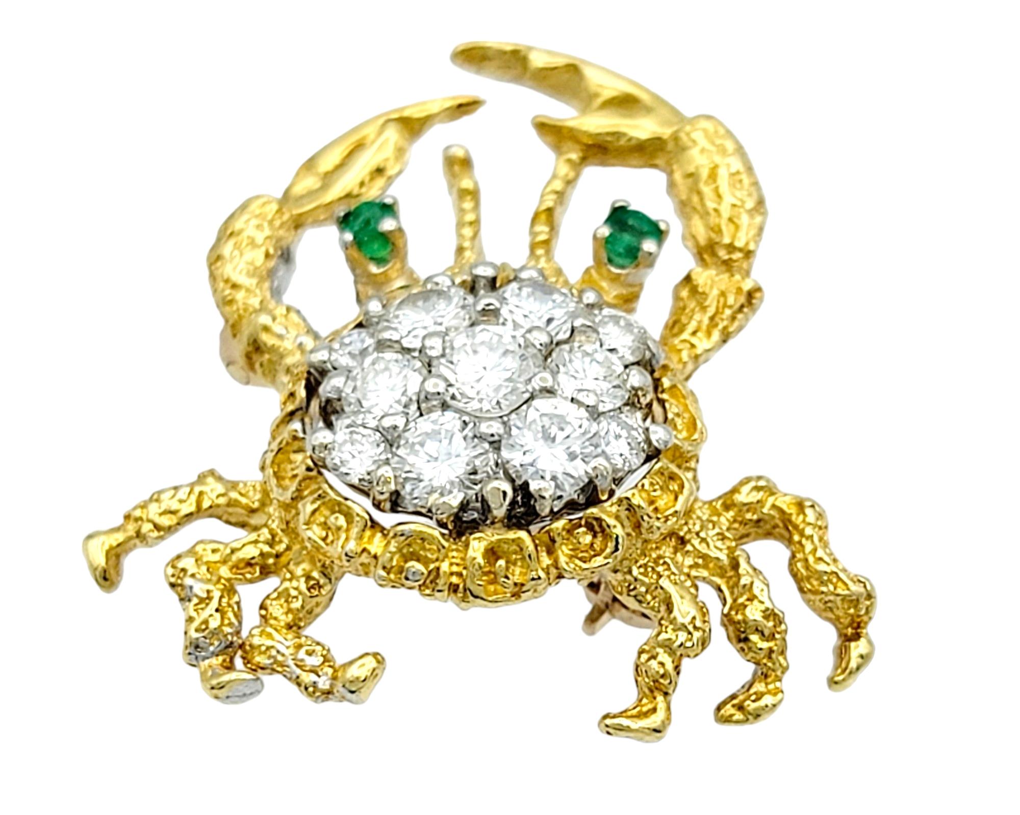 Contemporary Herbert Rosenthal Diamond and Emerald Crab Brooch in 18 Karat Yellow Gold For Sale
