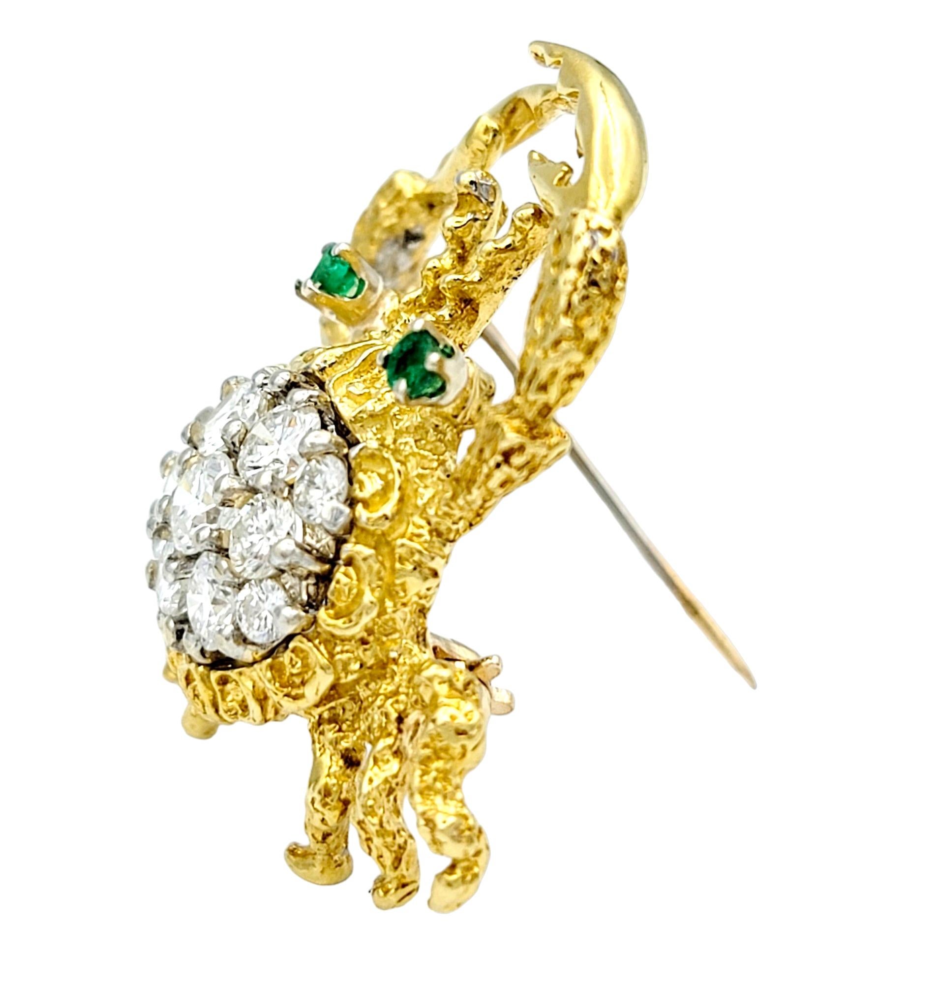 Round Cut Herbert Rosenthal Diamond and Emerald Crab Brooch in 18 Karat Yellow Gold