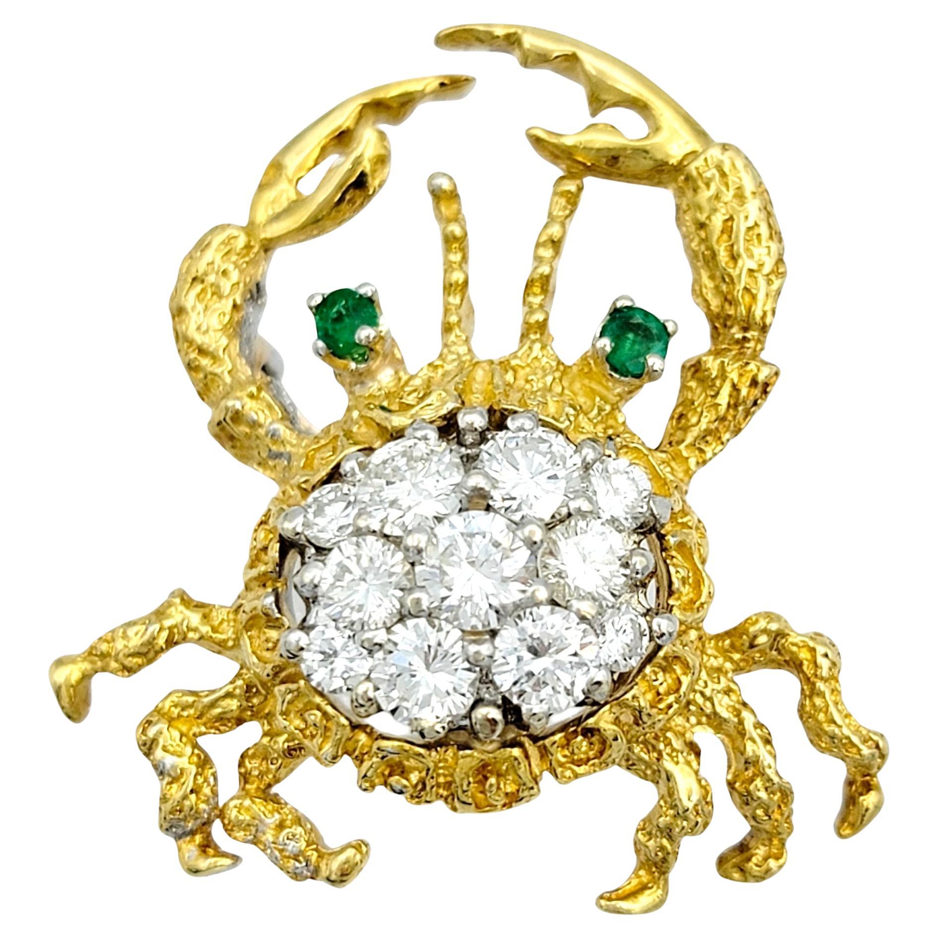 Herbert Rosenthal Diamond and Emerald Crab Brooch in 18 Karat Yellow Gold For Sale