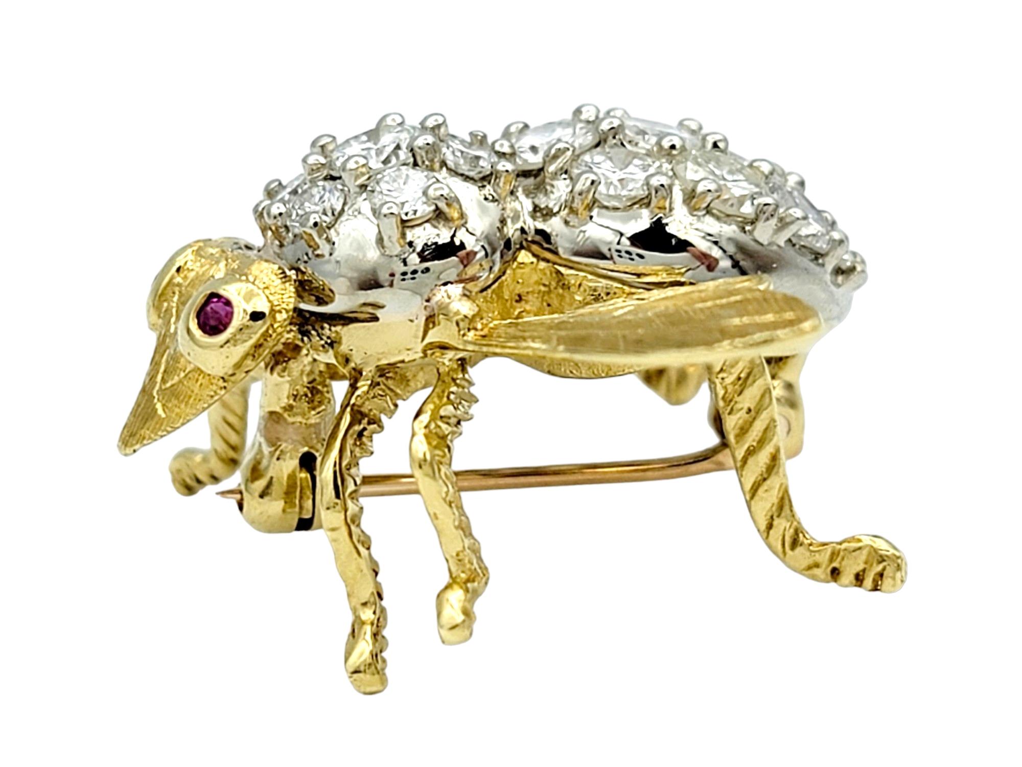 Round Cut Herbert Rosenthal Diamond and Ruby Bumble Bee Brooch Set in 18 Karat Yellow Gold For Sale