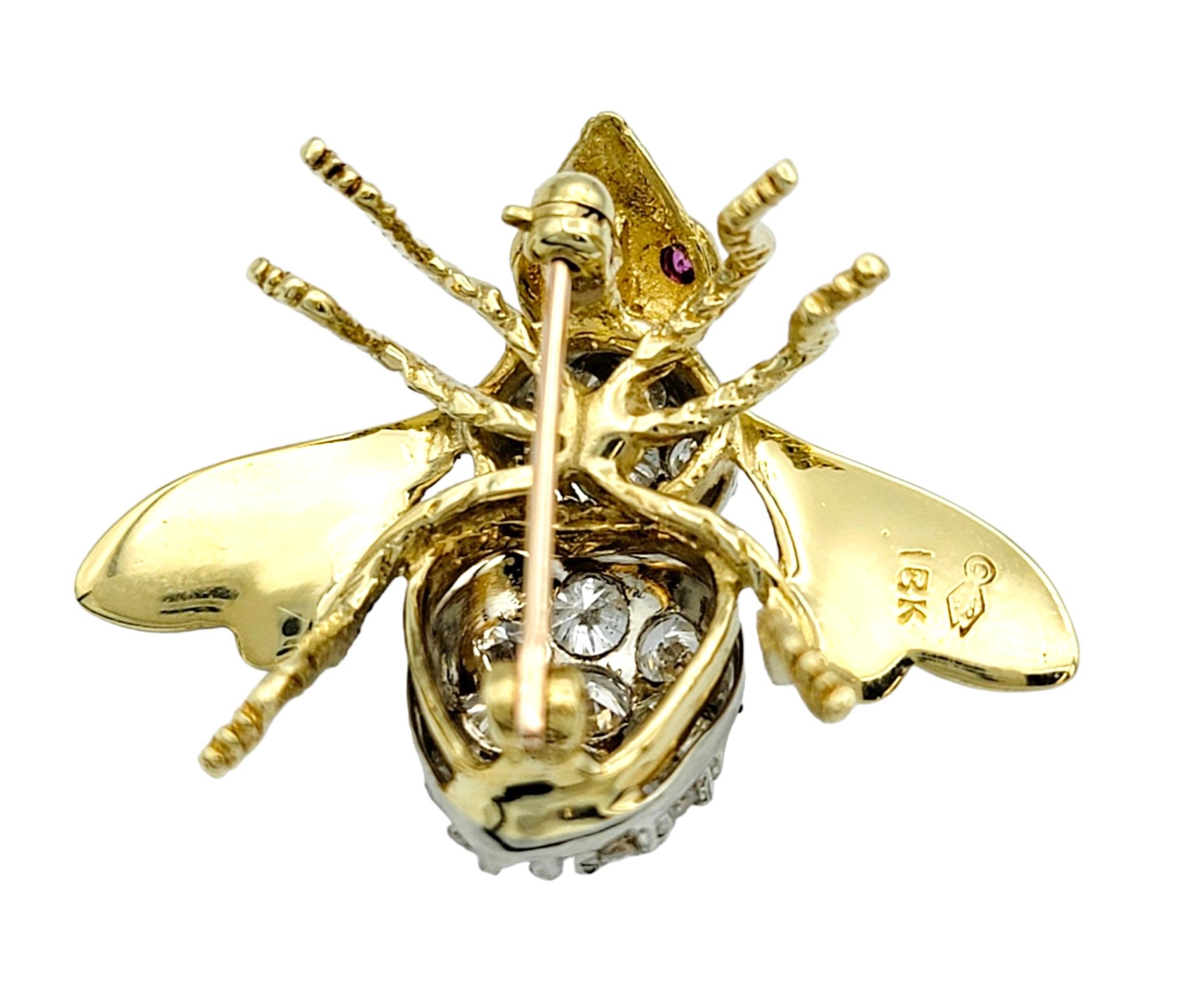 Women's Herbert Rosenthal Diamond and Ruby Bumble Bee Brooch Set in 18 Karat Yellow Gold For Sale