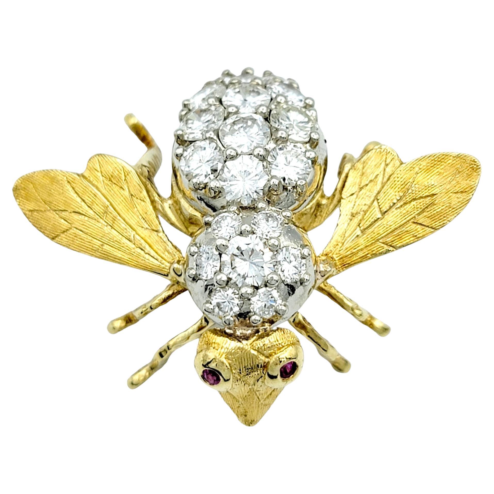 Herbert Rosenthal Diamond and Ruby Bumble Bee Brooch Set in 18 Karat Yellow Gold For Sale