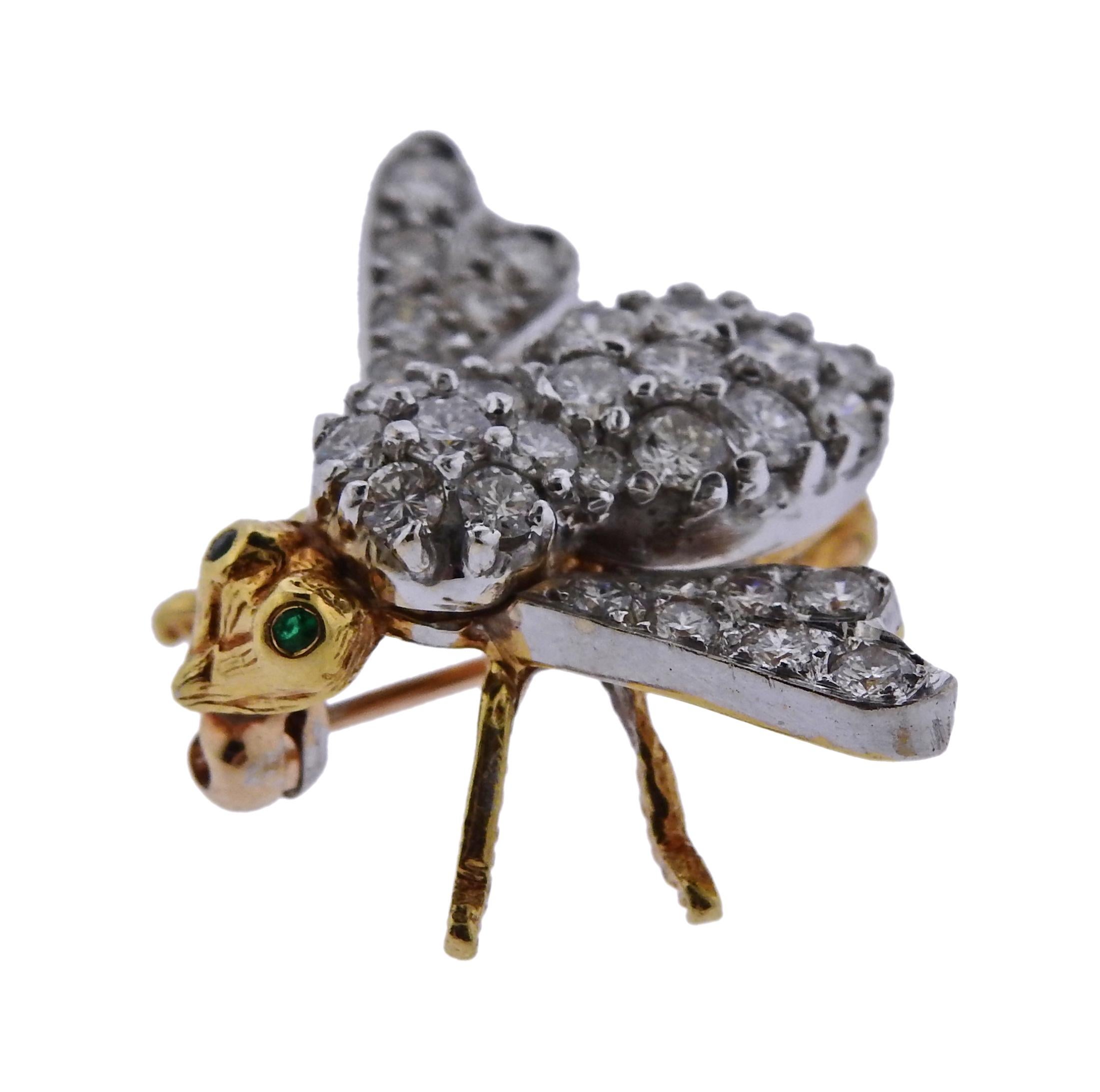 Iconic bee brooch, crafted by Herbert Rosenthal, set in 18k yellow gold, featuring all diamond body with emerald eyes. Diamond weight is approx. 1.12ctw G/VS.  Bee is 20mm x 25mm  and marked 18k HR hallmark. 
