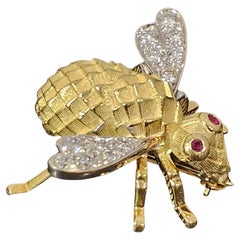 Herbert Rosenthal HR 18k Gold Diamond Bee Pin Brooch Ruby Eyes 11.4g 1" Large