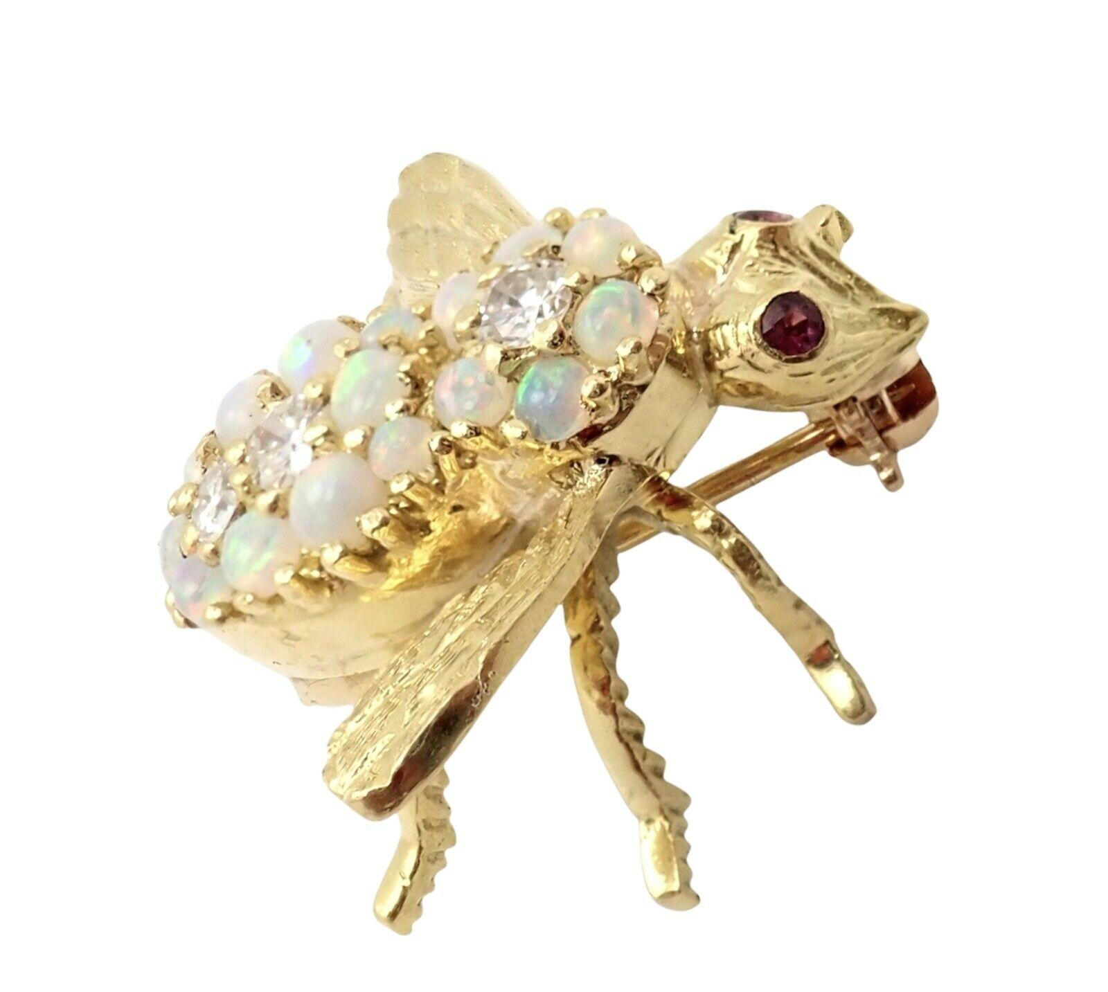 Brilliant Cut Herbert Rosenthal HR Diamond Opal Bee Yellow Gold Pin Brooch