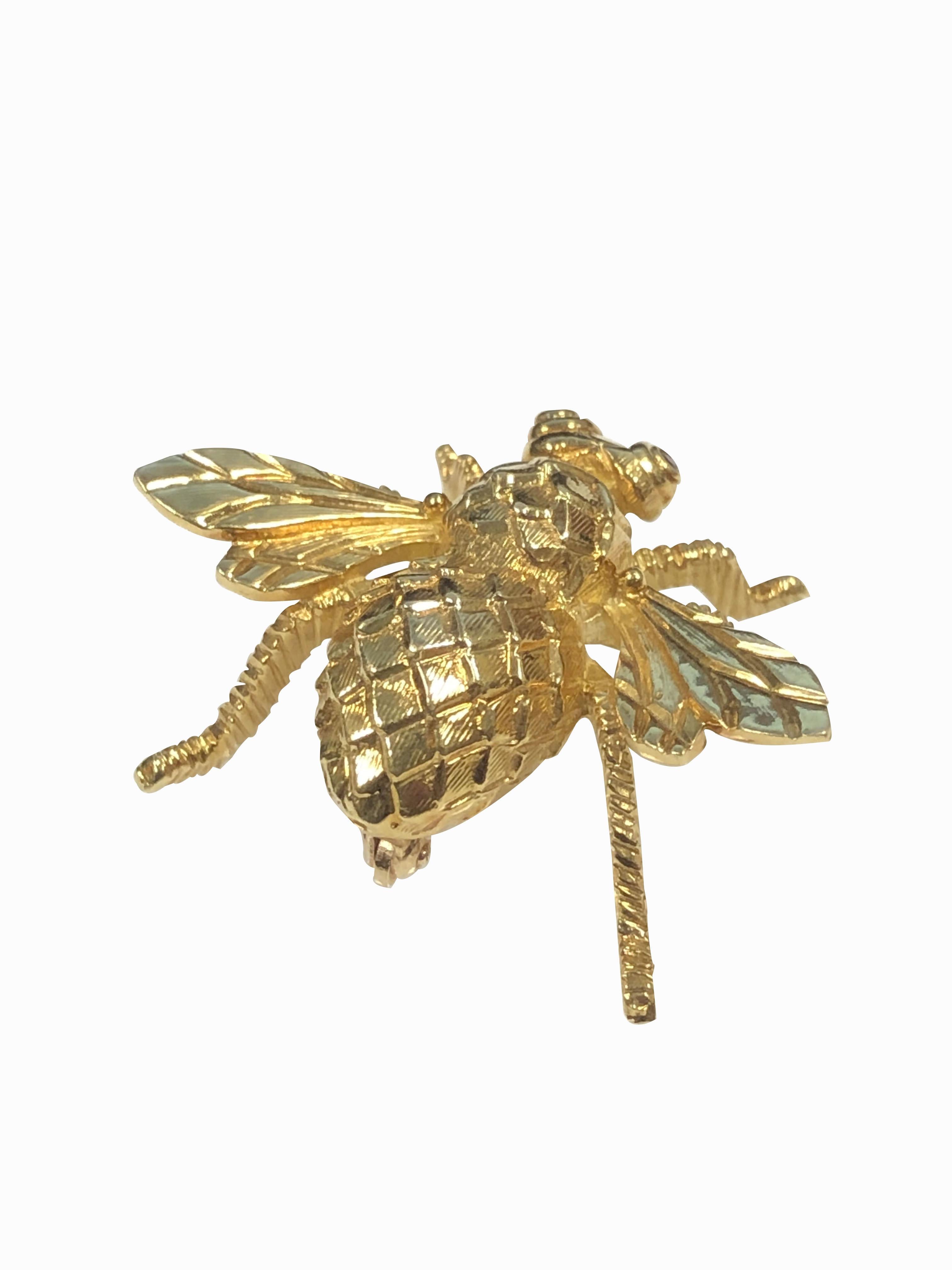 Circa 1980s Herbert Rosenthal Bee Brooch, measuring 1 inch in length and 1 1/4 inches in length from Wing tip to tip, very fine details with Ruby set Eyes. 