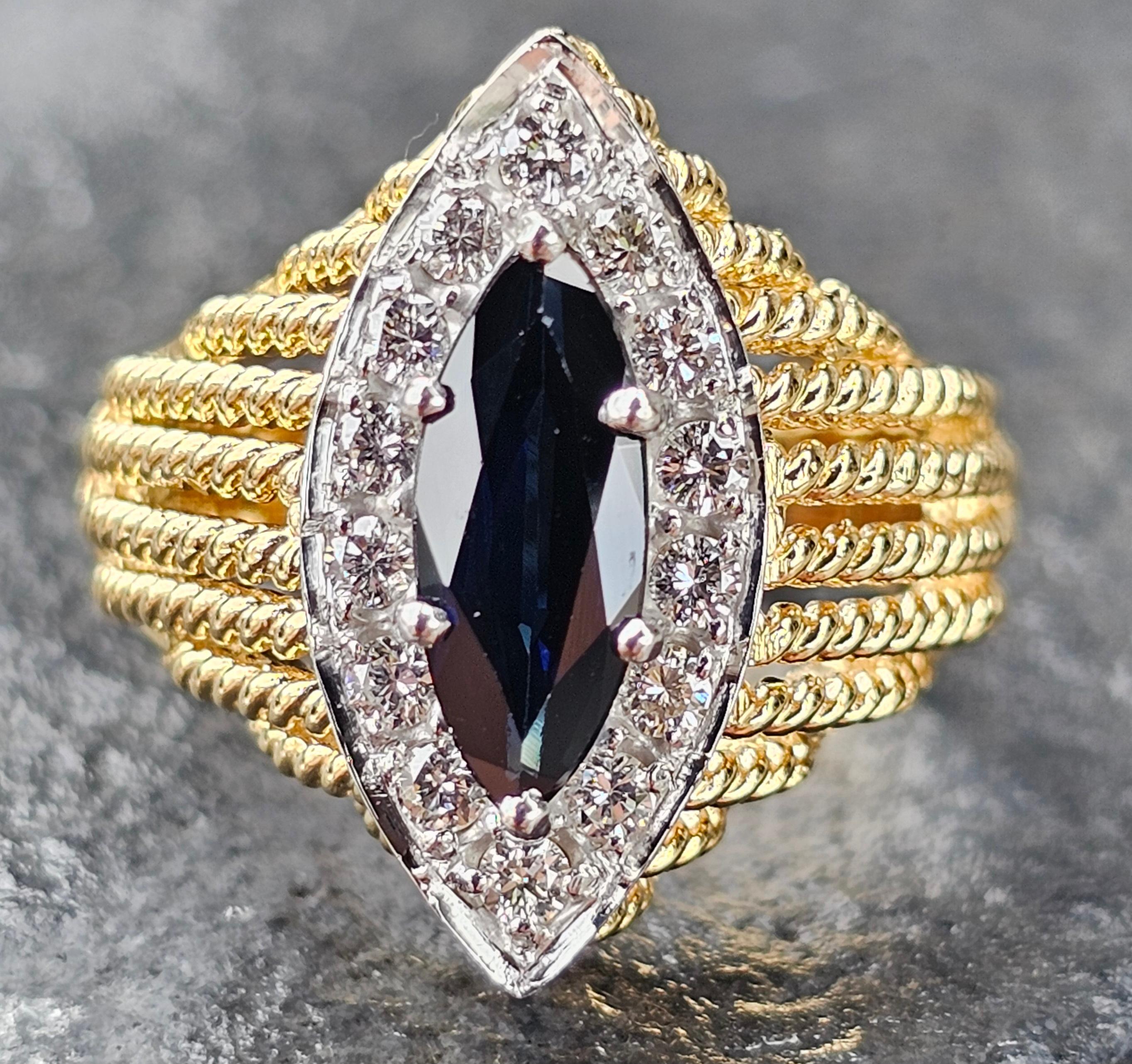 Herbert Rosenthal Anello con diamante e zaffiro blu marquise in oro giallo 18 carati 6,5 9,2 g in vendita 6