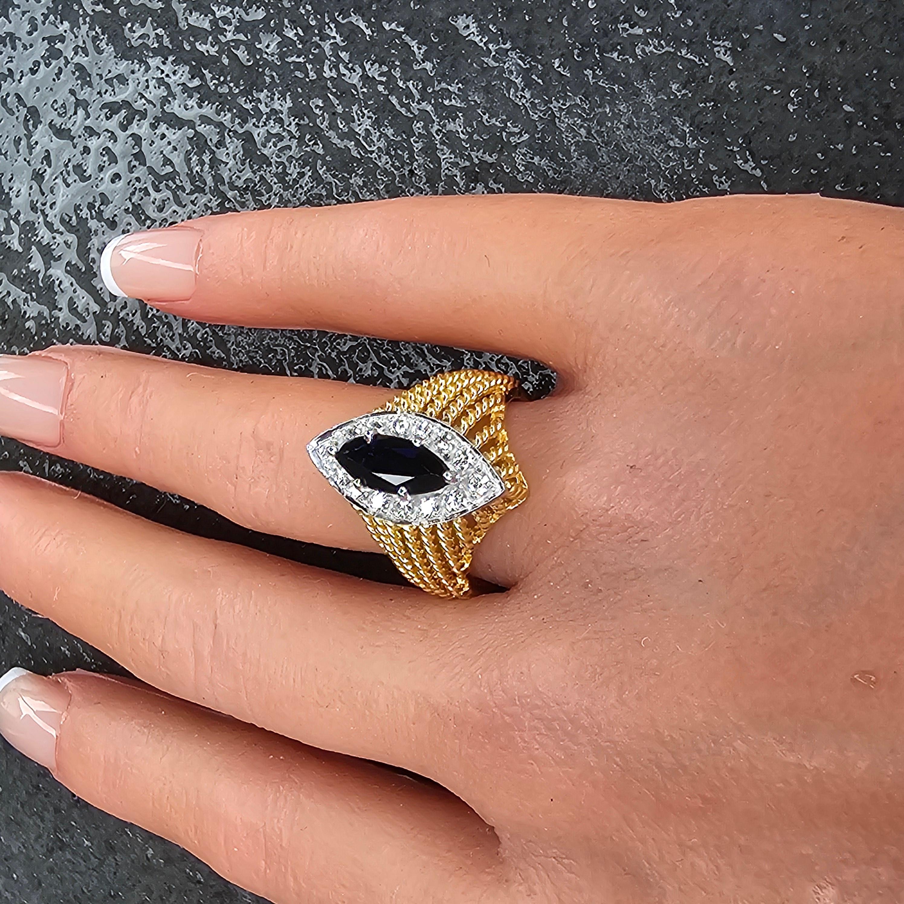 Herbert Rosenthal Anello con diamante e zaffiro blu marquise in oro giallo 18 carati 6,5 9,2 g In condizioni buone in vendita a Northbrook, IL
