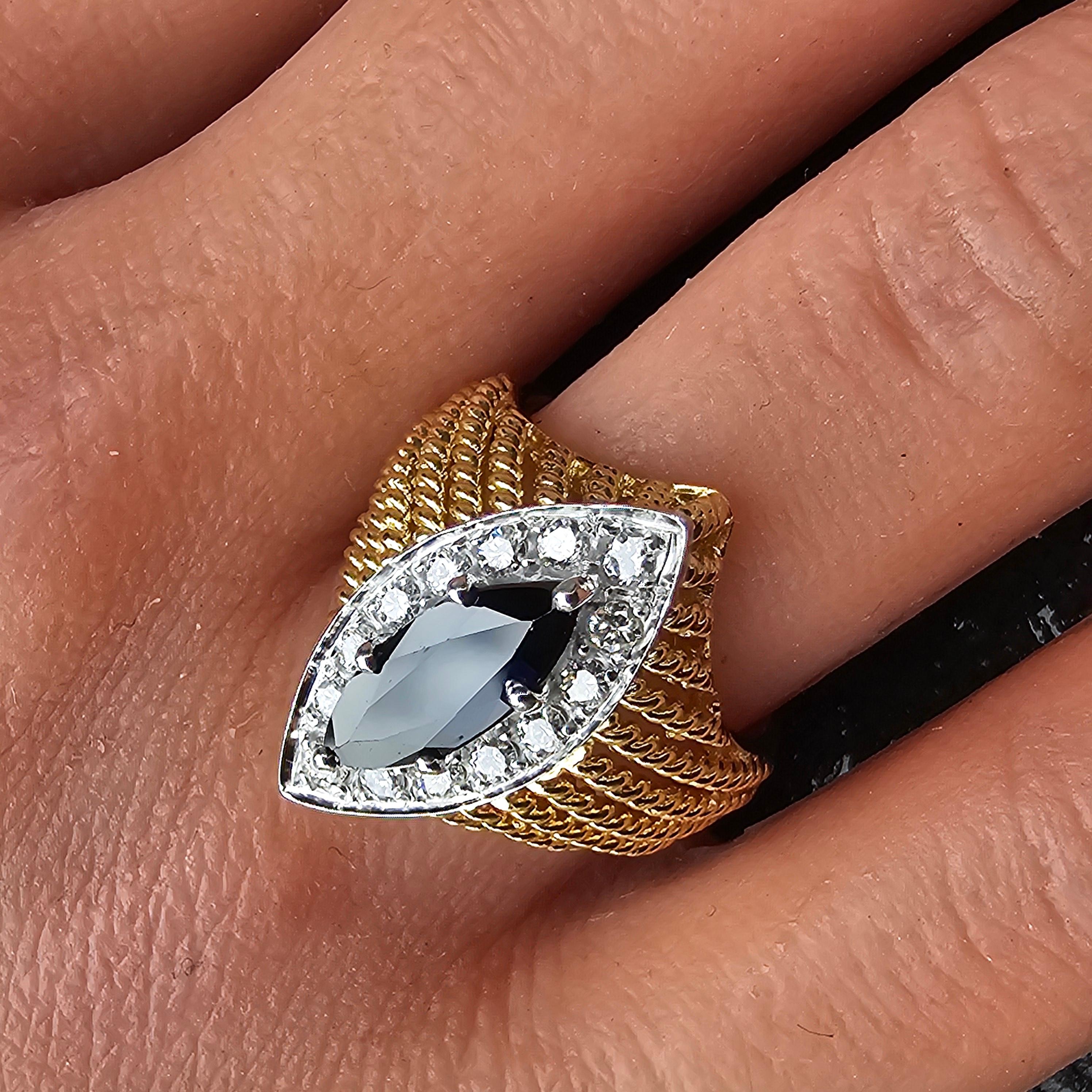 Donna Herbert Rosenthal Anello con diamante e zaffiro blu marquise in oro giallo 18 carati 6,5 9,2 g in vendita