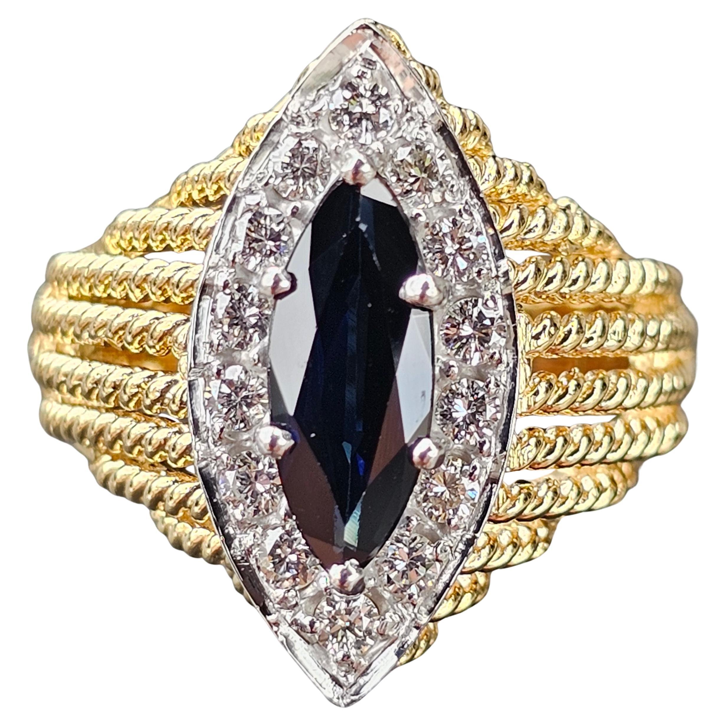 Herbert Rosenthal Anello con diamante e zaffiro blu marquise in oro giallo 18 carati 6,5 9,2 g in vendita