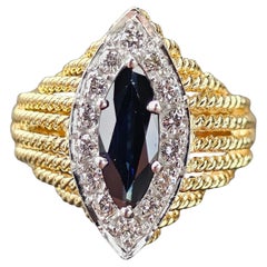 Herbert Rosenthal Anello con diamante e zaffiro blu marquise in oro giallo 18 carati 6,5 9,2 g