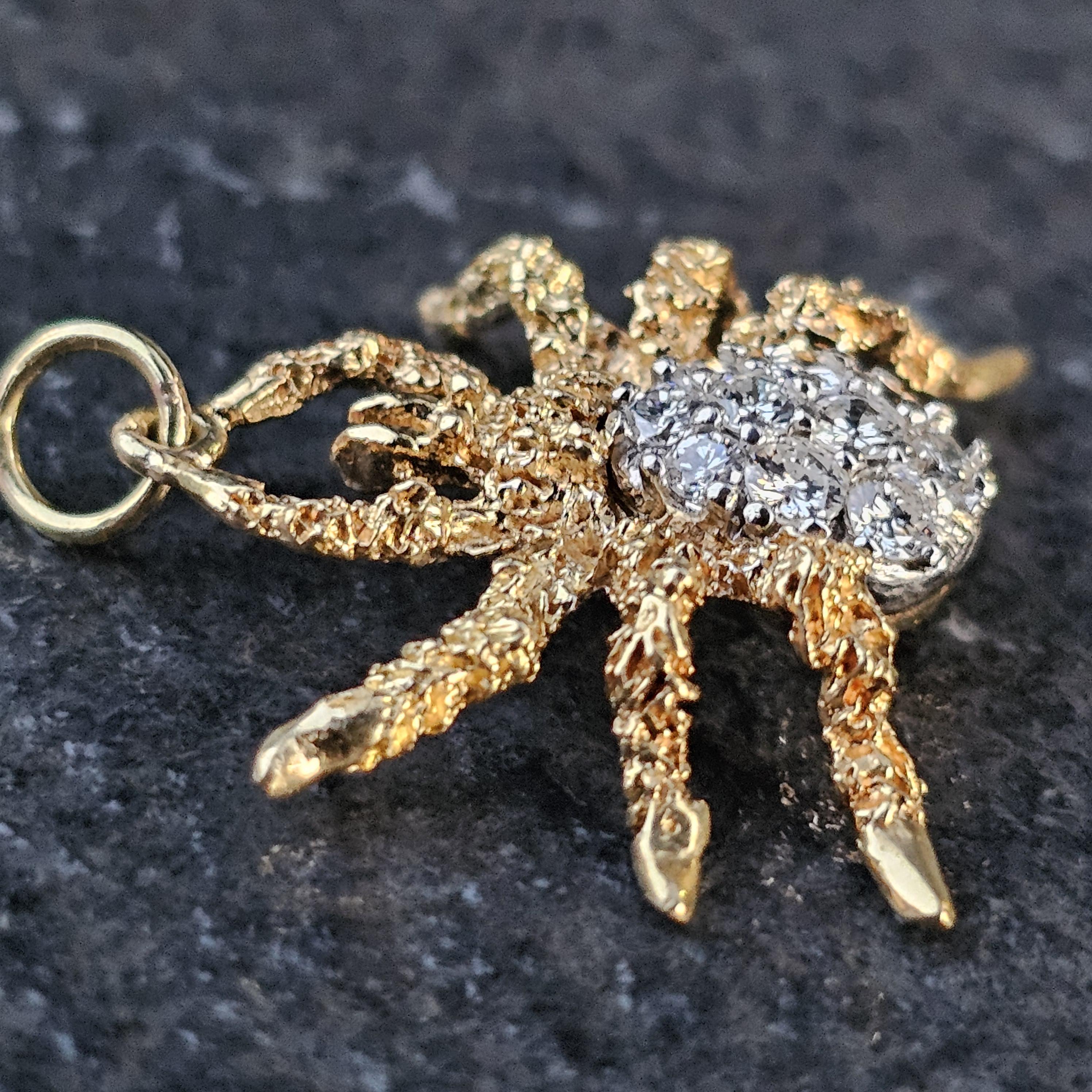 Ciondolo a forma di ragno in oro giallo 18 carati con pavé di diamanti Raro 4,3 g di peso 1