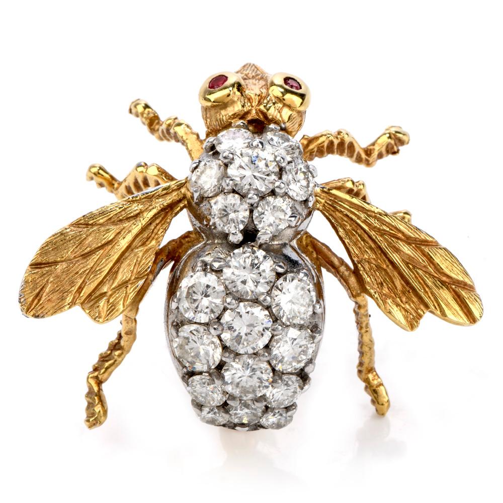 This charming Vintage 1970's bee pin by Herbert Rosenthal is set with 20 large genuine round diamond weighing approx. 2.15 carats, G-H color and VS Clarity and two small ruby in the eyes approx. 0.02 carats. 

This larger size version is very