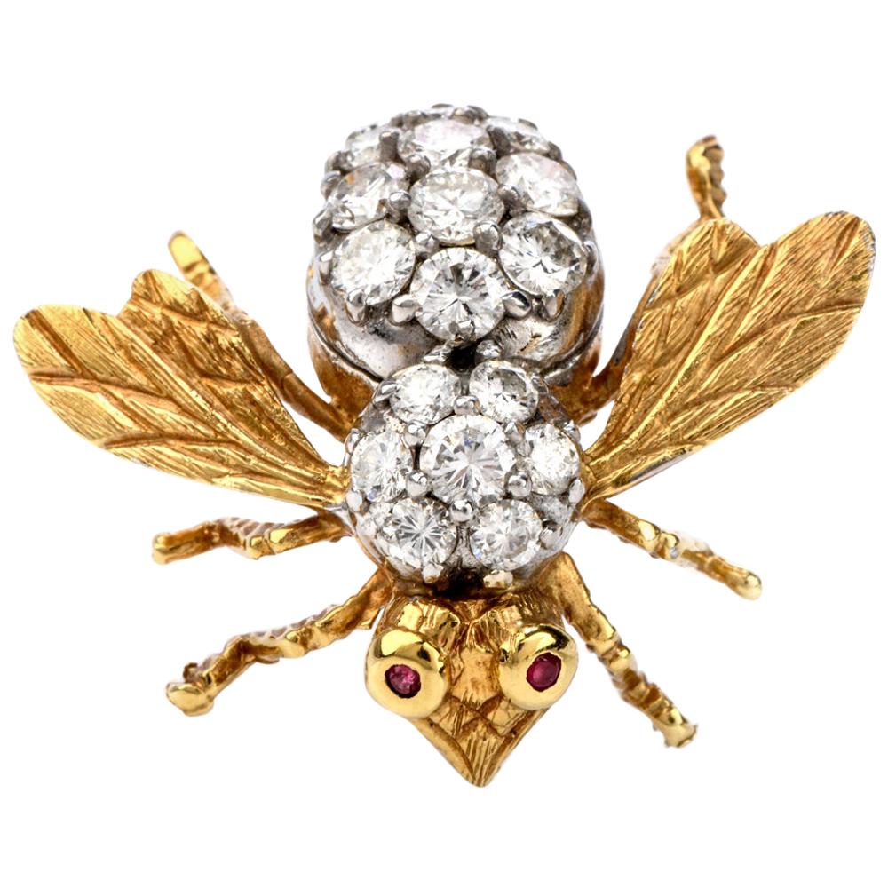 Herbert Rosenthal Vintage Large Diamond and Ruby Bee Brooch Pin