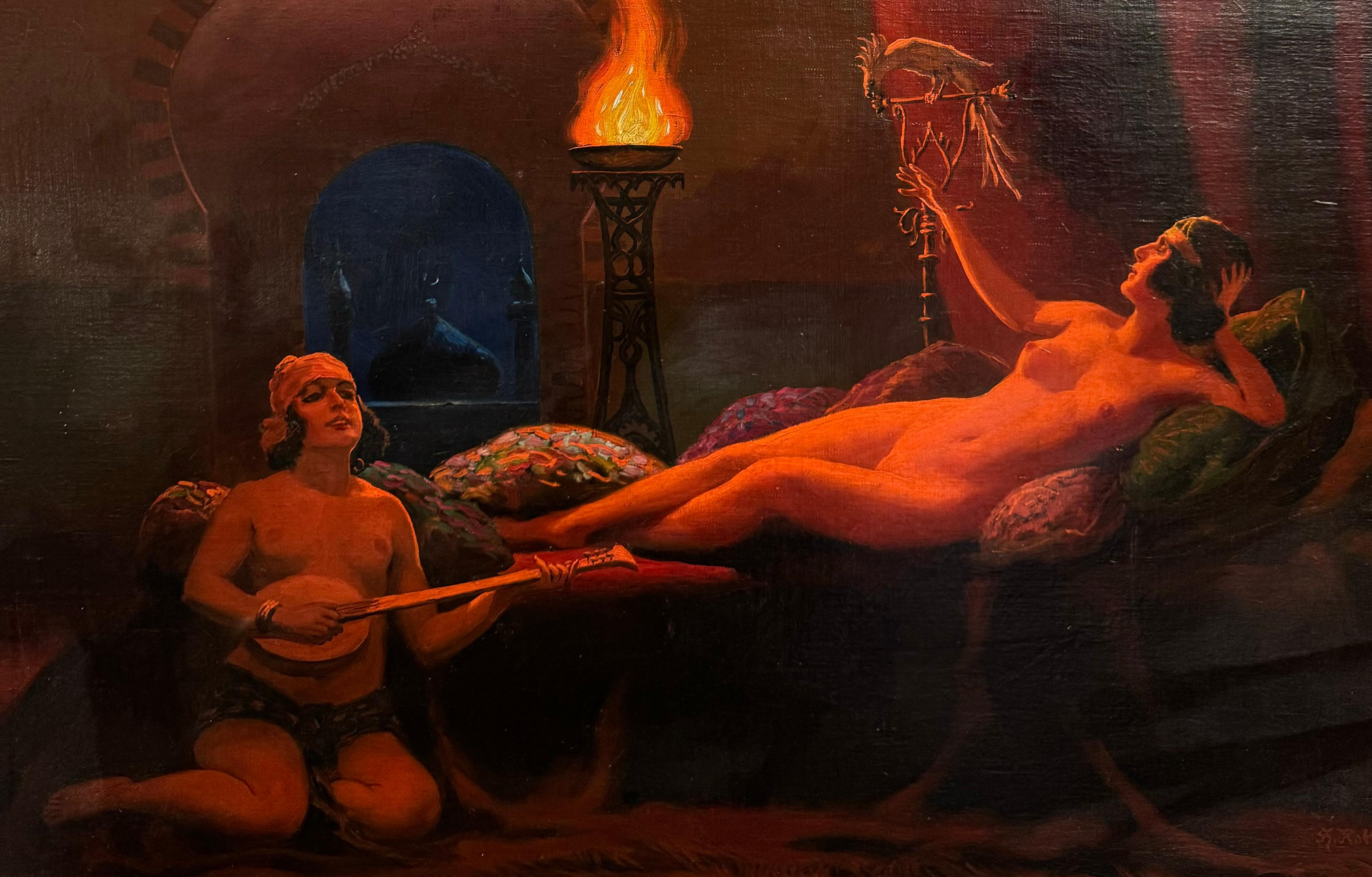 Antiqie ART DECO Nudo orientalista reclinato Serenando dipinto con pappagallo - Painting Art Déco di herbert rothgaengel