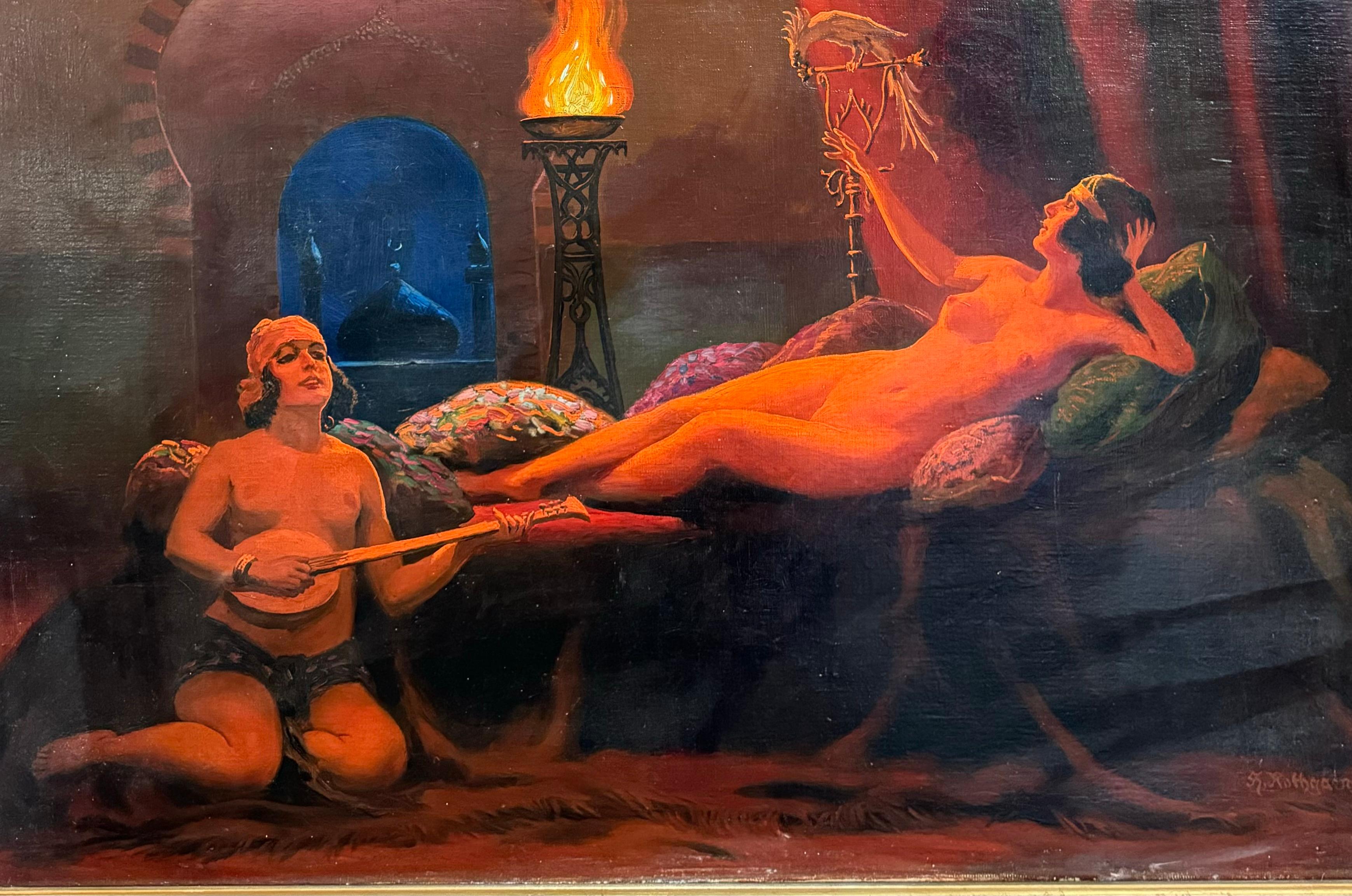 Antiqie ART DECO Nudo orientalista reclinato Serenando dipinto con pappagallo - Interior Painting Marrone di herbert rothgaengel