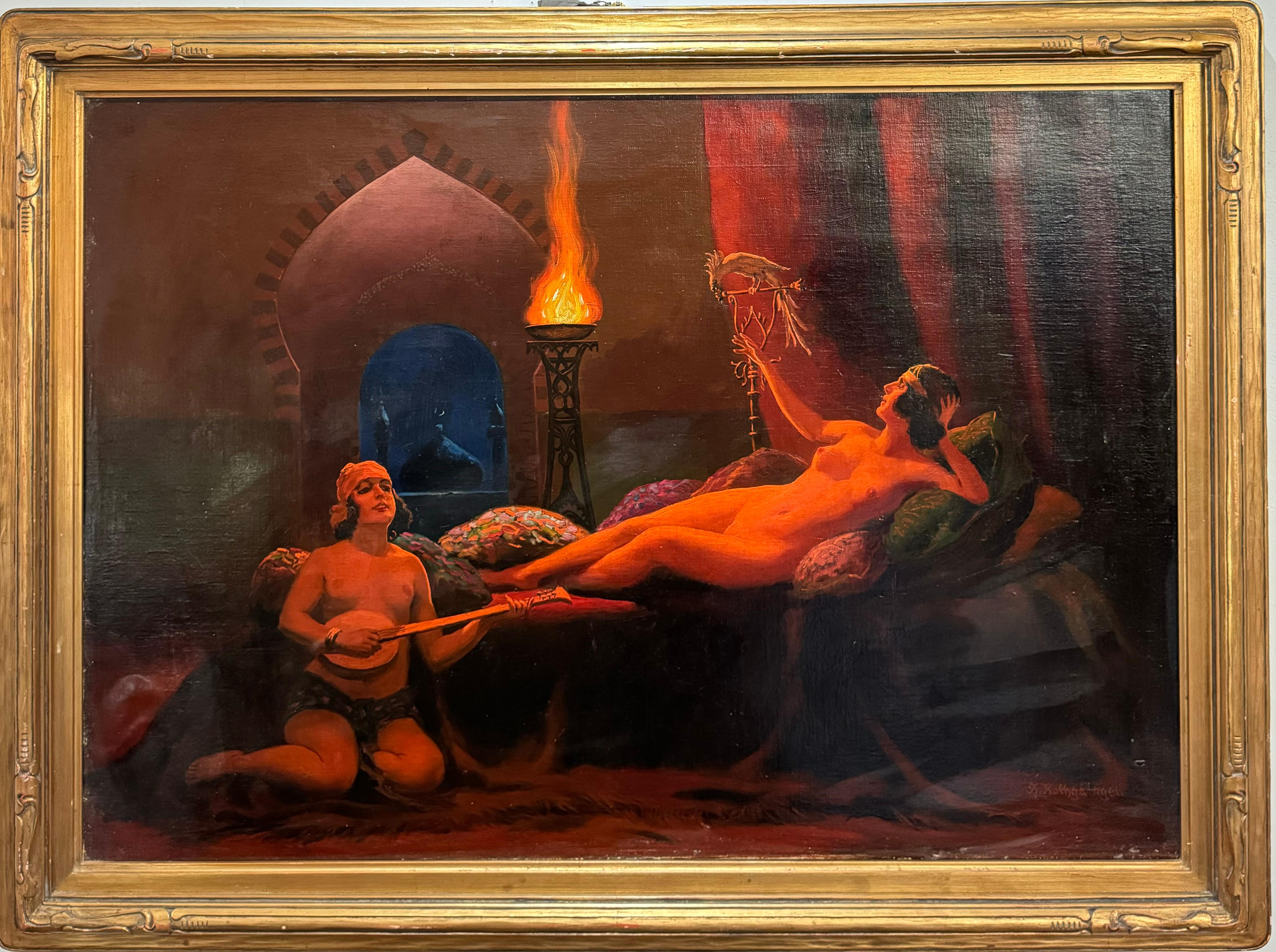 Antiqie ART DECO Desnudo Desnudos Orientalistas reclinados Cuadro Serenata c/ Loro