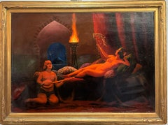 Antiqie ART DECO Nudo orientalista reclinato Serenando dipinto con pappagallo