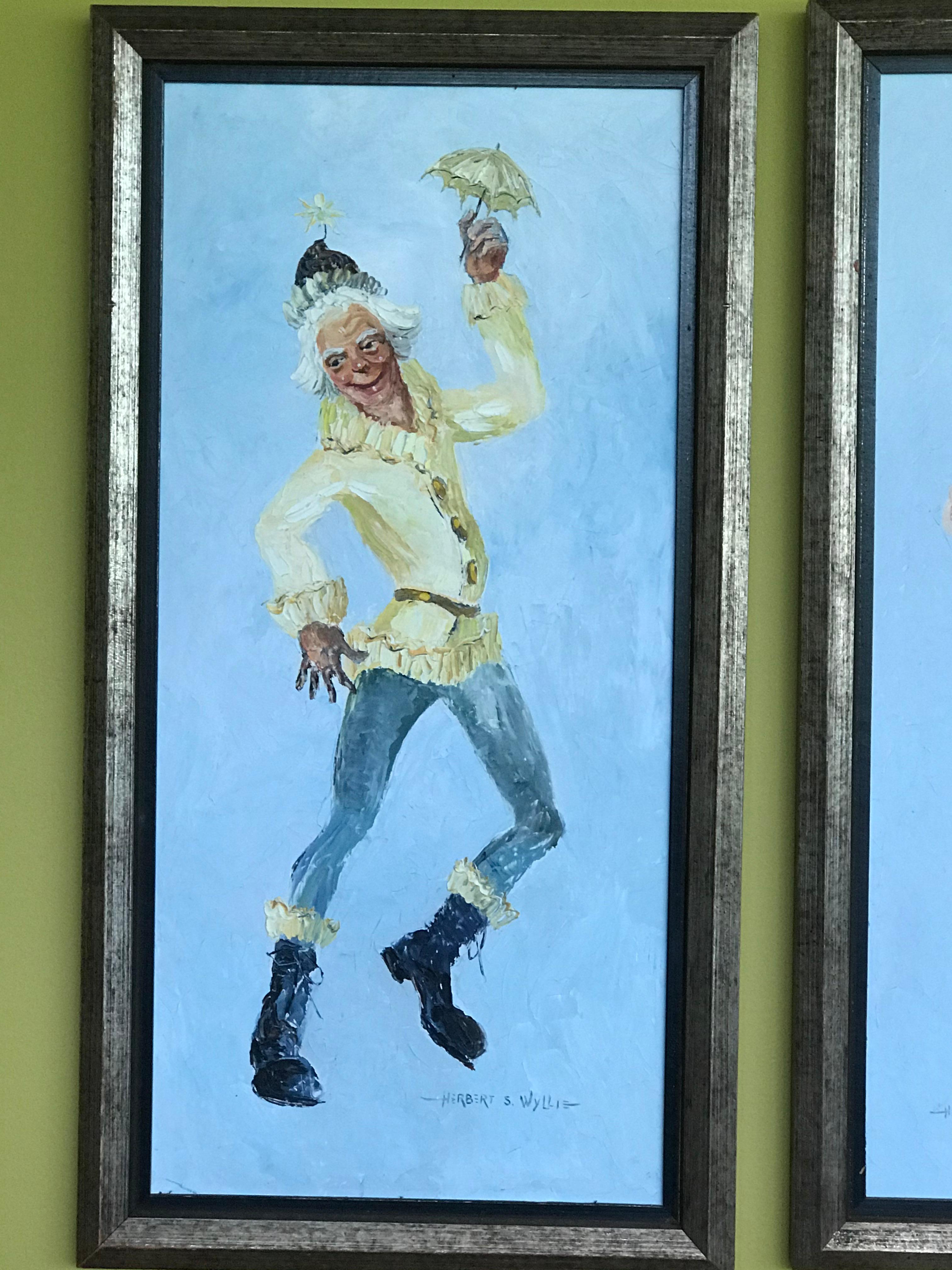 From Herbert S. Wyllie, 20th century NJ artist, a pair of delightful oil on Masonite board 1950s framed paintings of circus performers, a couple. Not a depiction of the typical clownish make-up or dress associated with clowns but more as Vaudeville