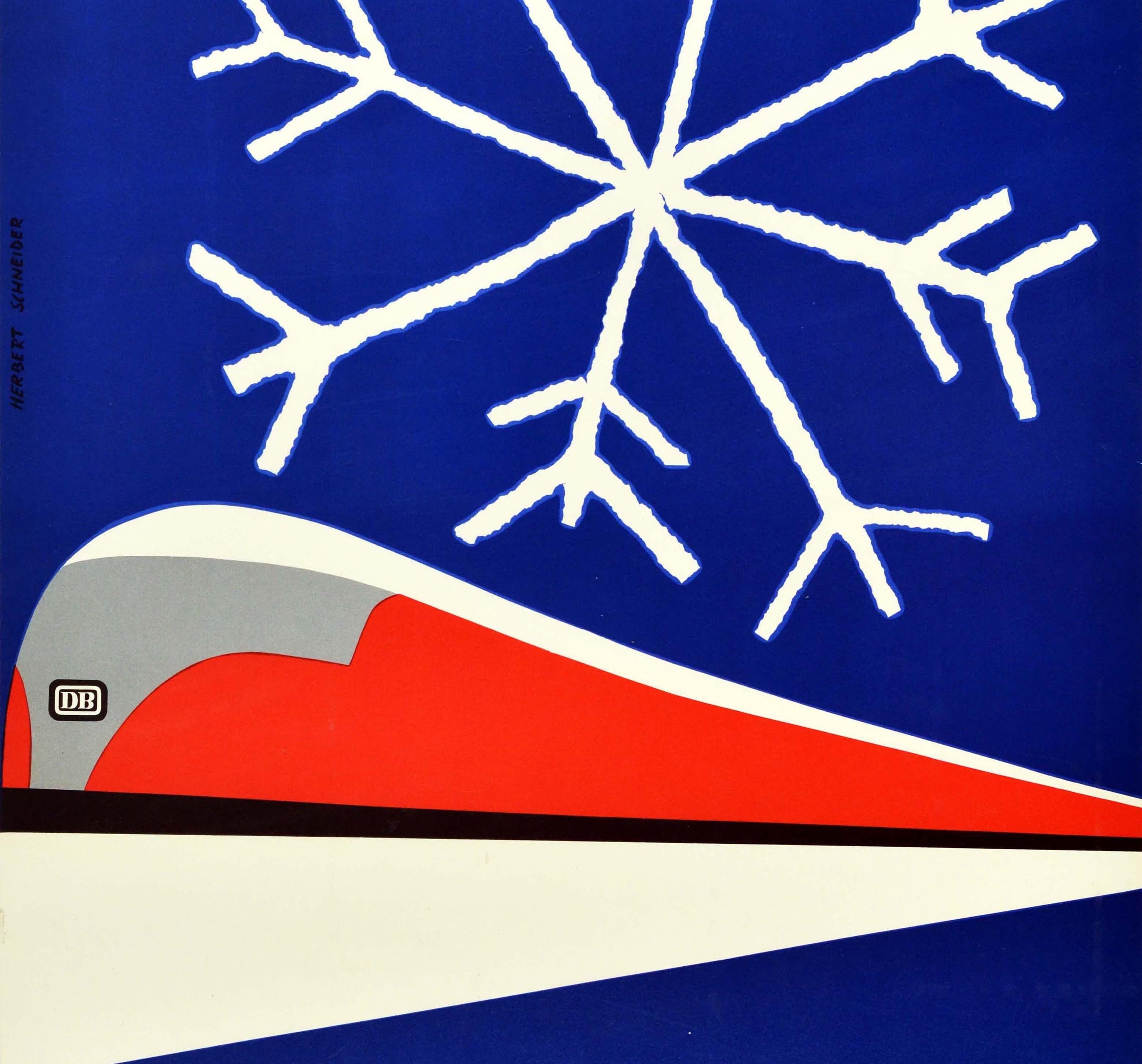 Cartel de viaje original de época - Winterreisen Deutsche Bundesbahn / Viajes de invierno Ferrocarriles Federales Alemanes - con un fantástico diseño minimalista moderno de mediados de siglo de Herbert Schneider (1924-1983) que muestra un tren VT 08