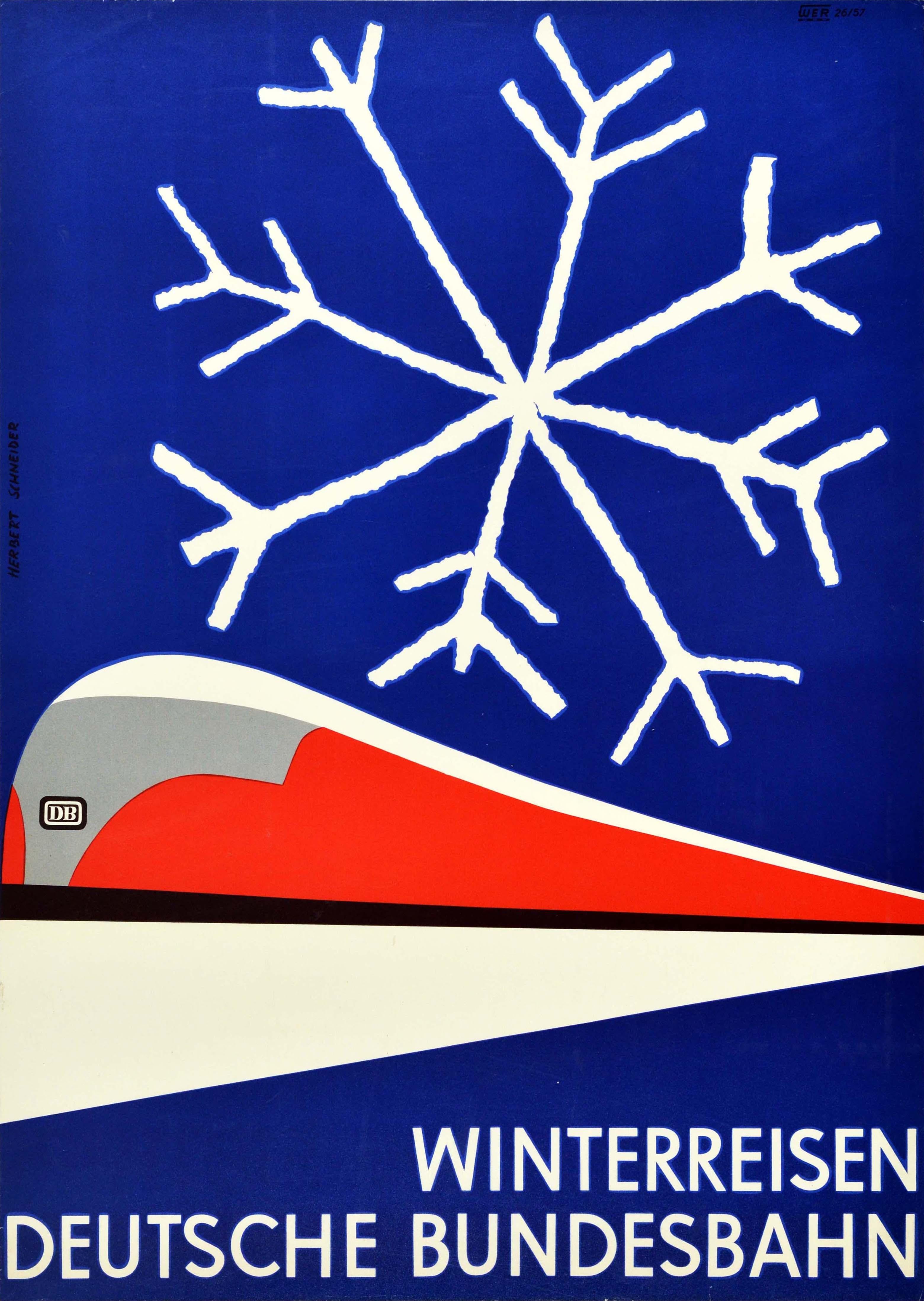 Print de Herbert Schneider  - Póster original de época Ferrocarriles Federales Alemanes Viajes de invierno Modernismo de mediados de siglo