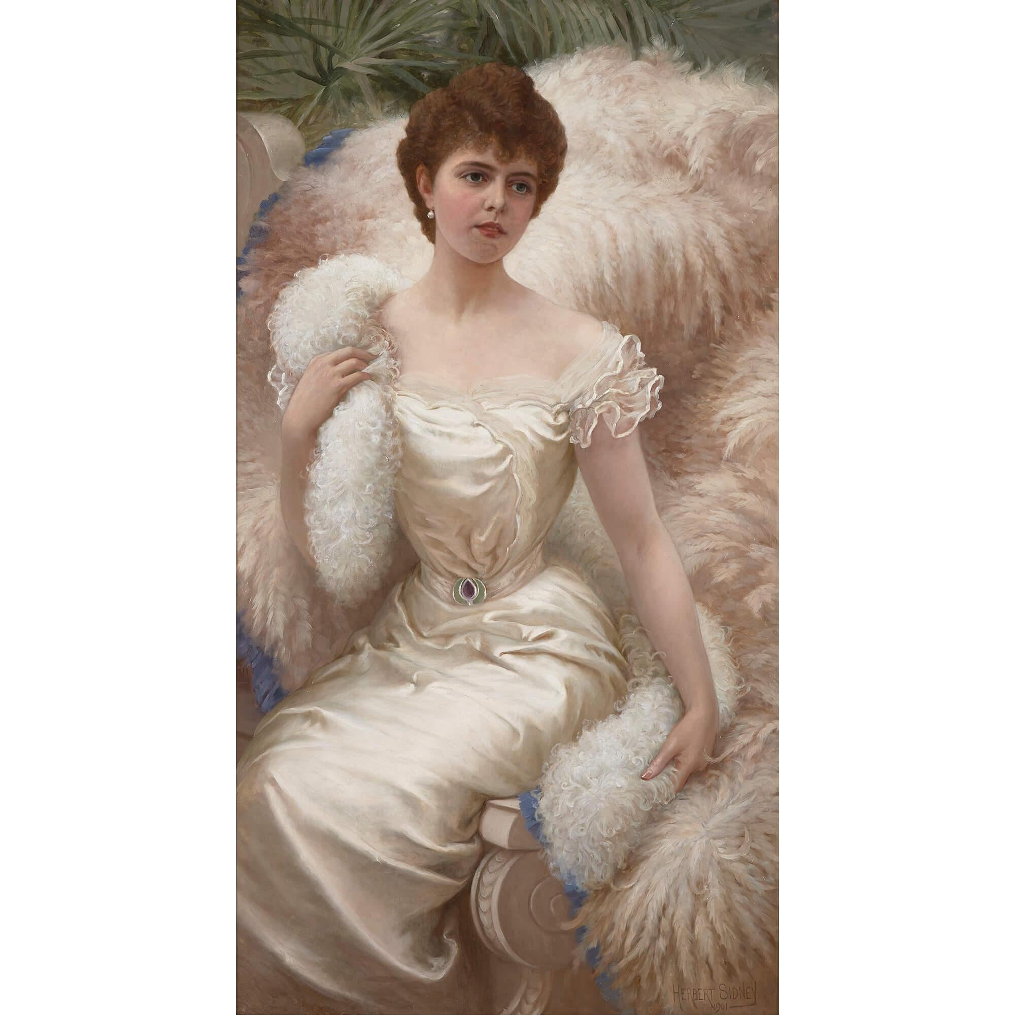 « The Feather Boa », une grande peinture à l'huile de Miss Crofton réalisée par Herbert Sidney en vente 1