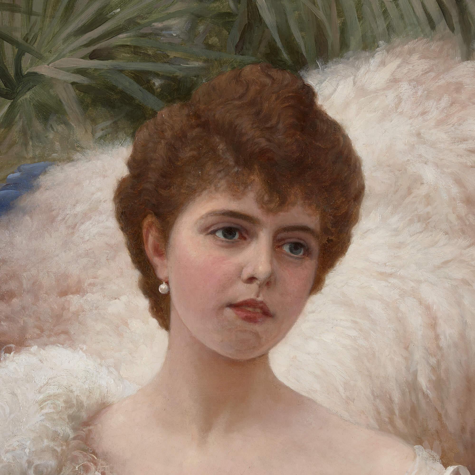 « The Feather Boa », une grande peinture à l'huile de Miss Crofton réalisée par Herbert Sidney en vente 2