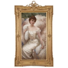Antique 'The Feather Boa,' a large oil painting of Miss Crofton by Herbert Sidney