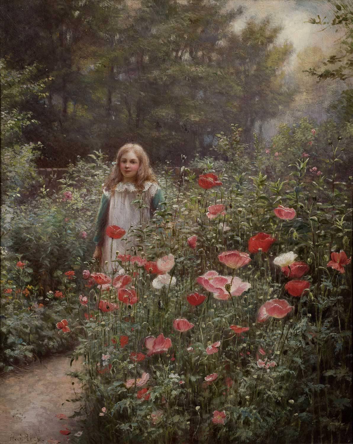 Herbert Sidney Percy Figurative Painting - The Poppy Garden, 19th Century Victorian Oil Original Frame