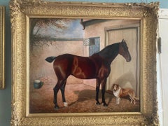 Victorian Horse Portrait Oil Painting of Bay Horse and Dog in Stable Yard