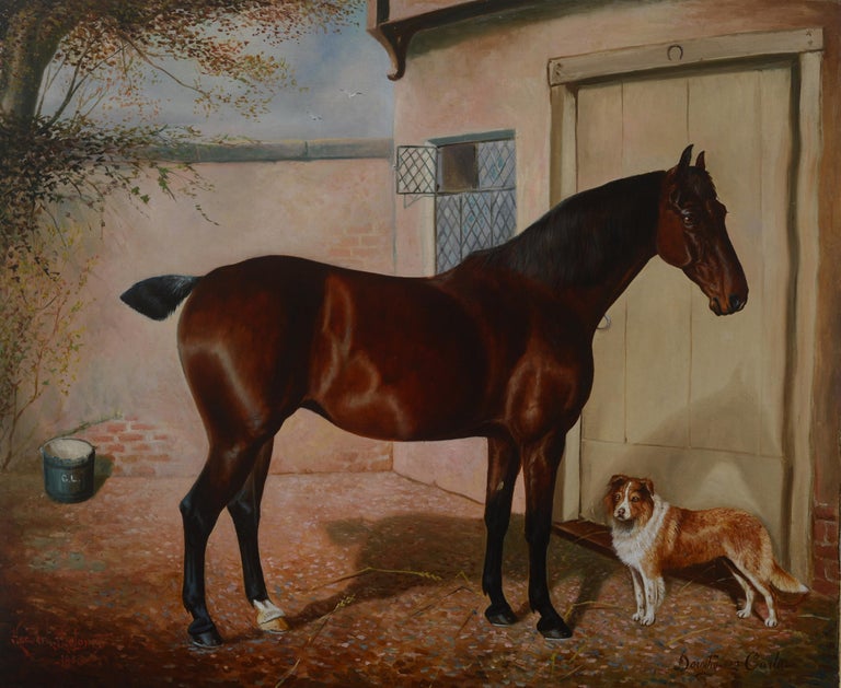 Herbert St John Jones Stable Garden with Chestnut Horse and Dog For