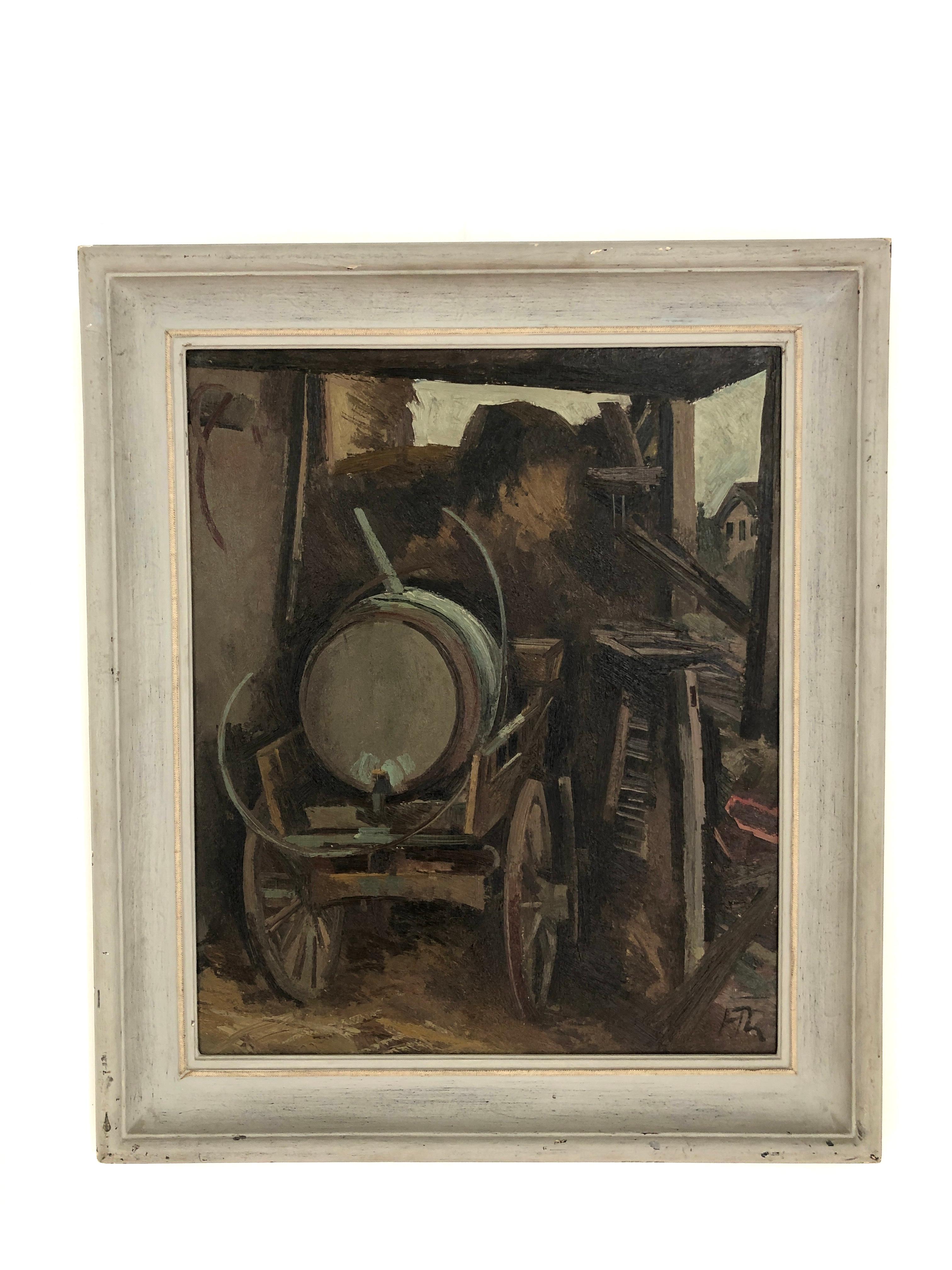 Rollwagen und Fass in der Scheune – Painting von Herbert Theurillat