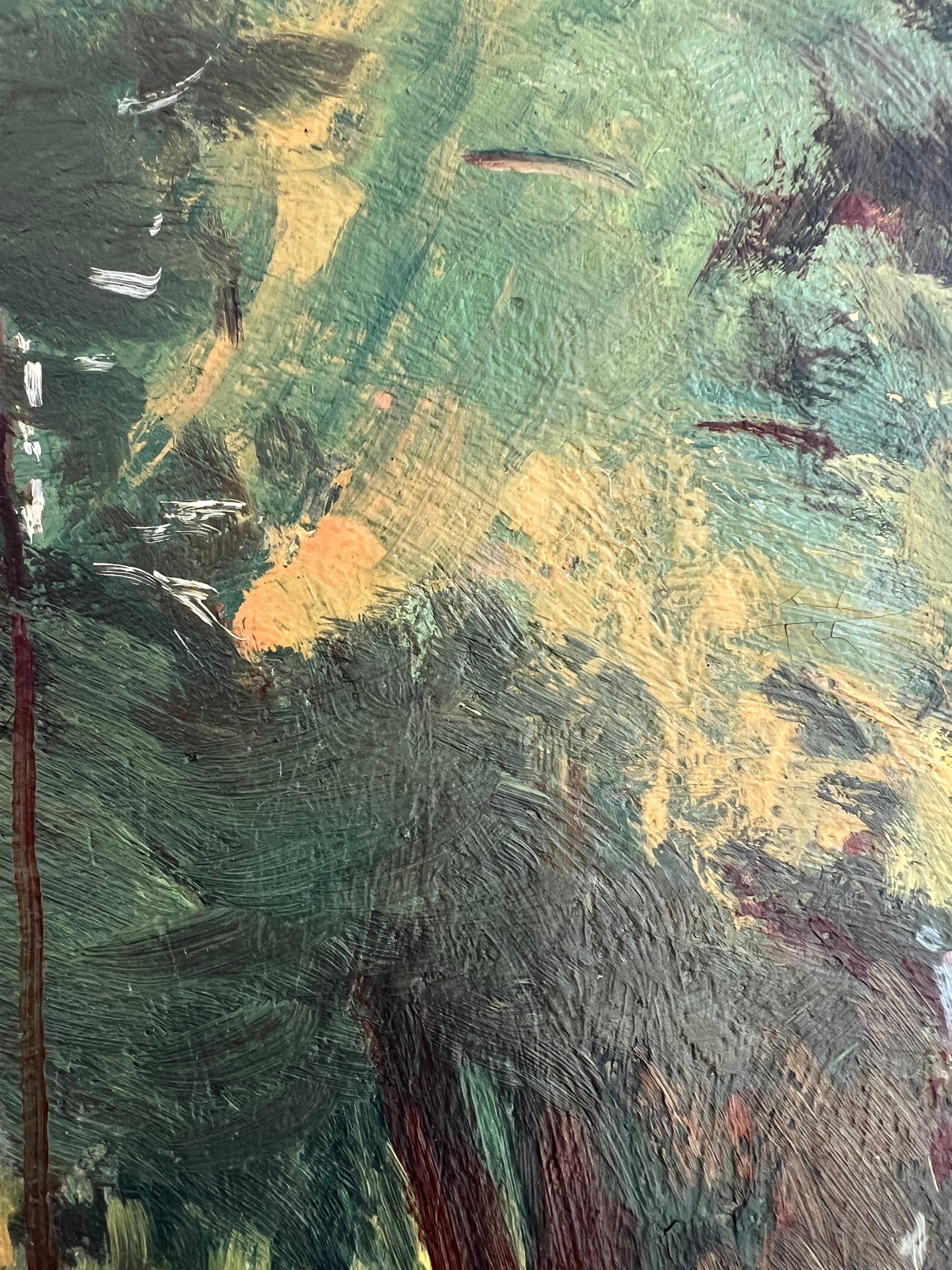 Arbeiten auf Leinwand

Dieses Kunstwerk ist ein fesselndes impressionistisches Gemälde, das eine bukolische Landschaft voller Heiterkeit und Charme zeigt. In der Mitte der Komposition steht ein bescheidenes Haus mit einem leuchtend roten Dach, das