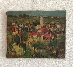 View of Village Heights, Oil on Canvas, Mid-20th Century, Unframed