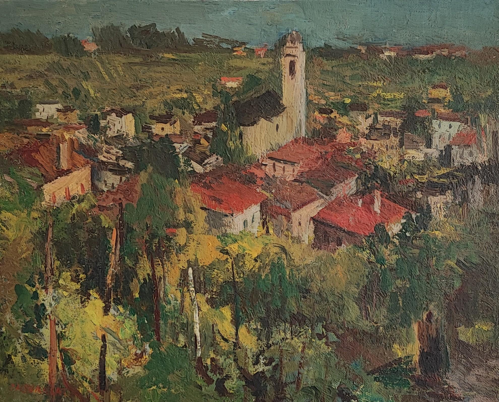 Landscape Painting di Herbert Theurillat - Vista delle alture di un villaggio