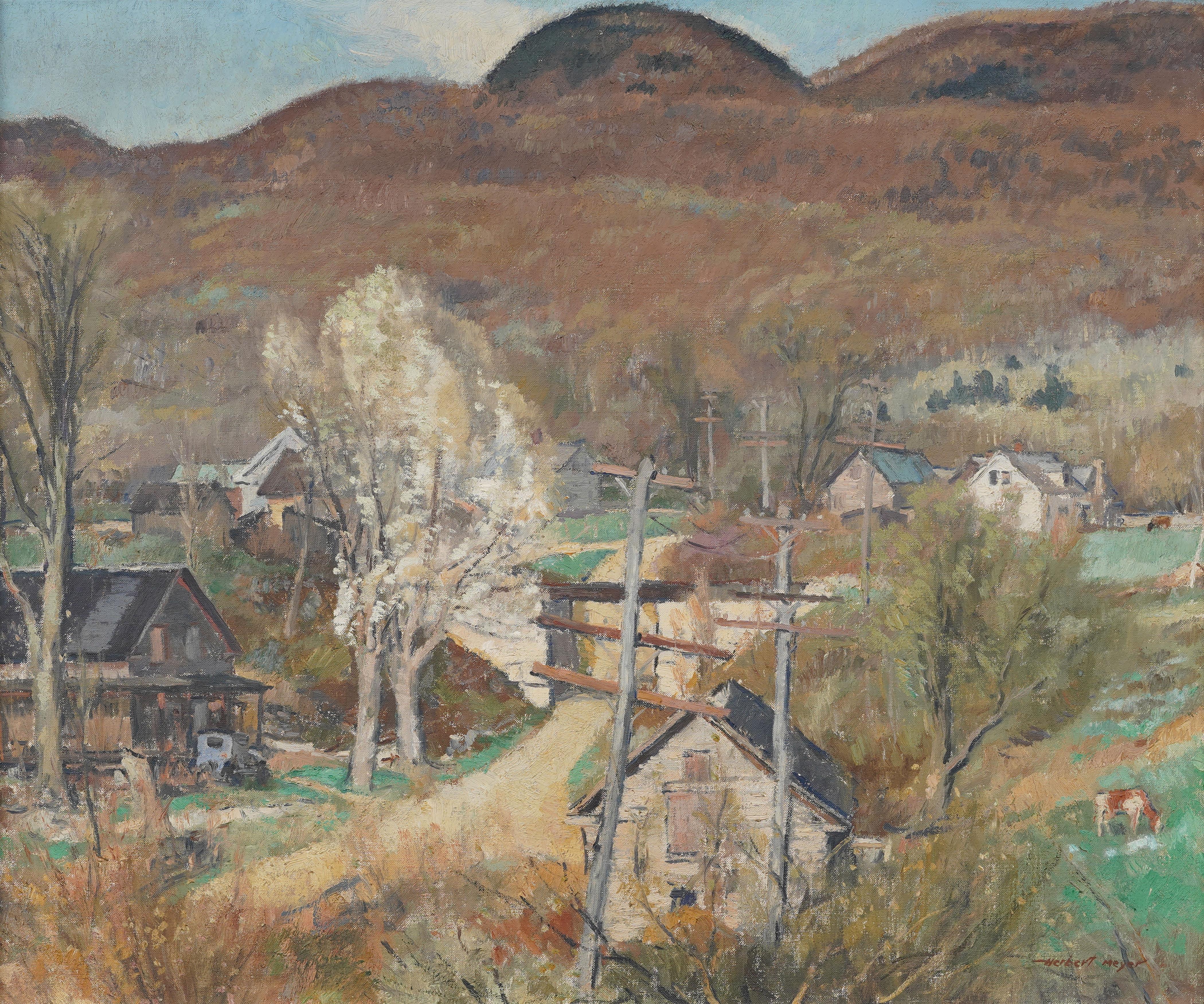 Antike amerikanische Vermont Landschaft gerahmt Kuh grasen Scheune Szene Ölgemälde (Impressionismus), Painting, von Herbert William Meyer