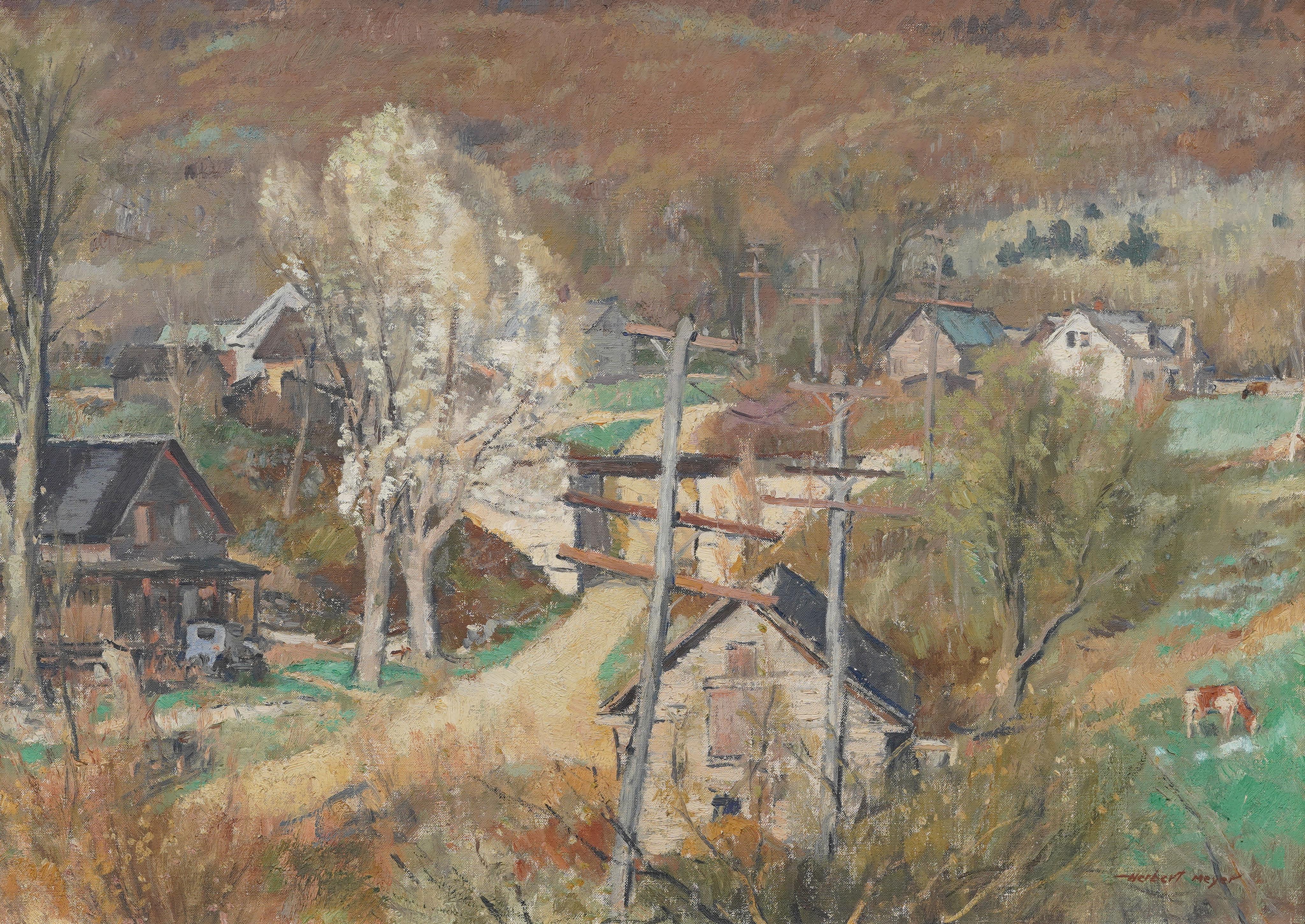 Antike amerikanische Vermont Landschaft gerahmt Kuh grasen Scheune Szene Ölgemälde (Braun), Animal Painting, von Herbert William Meyer